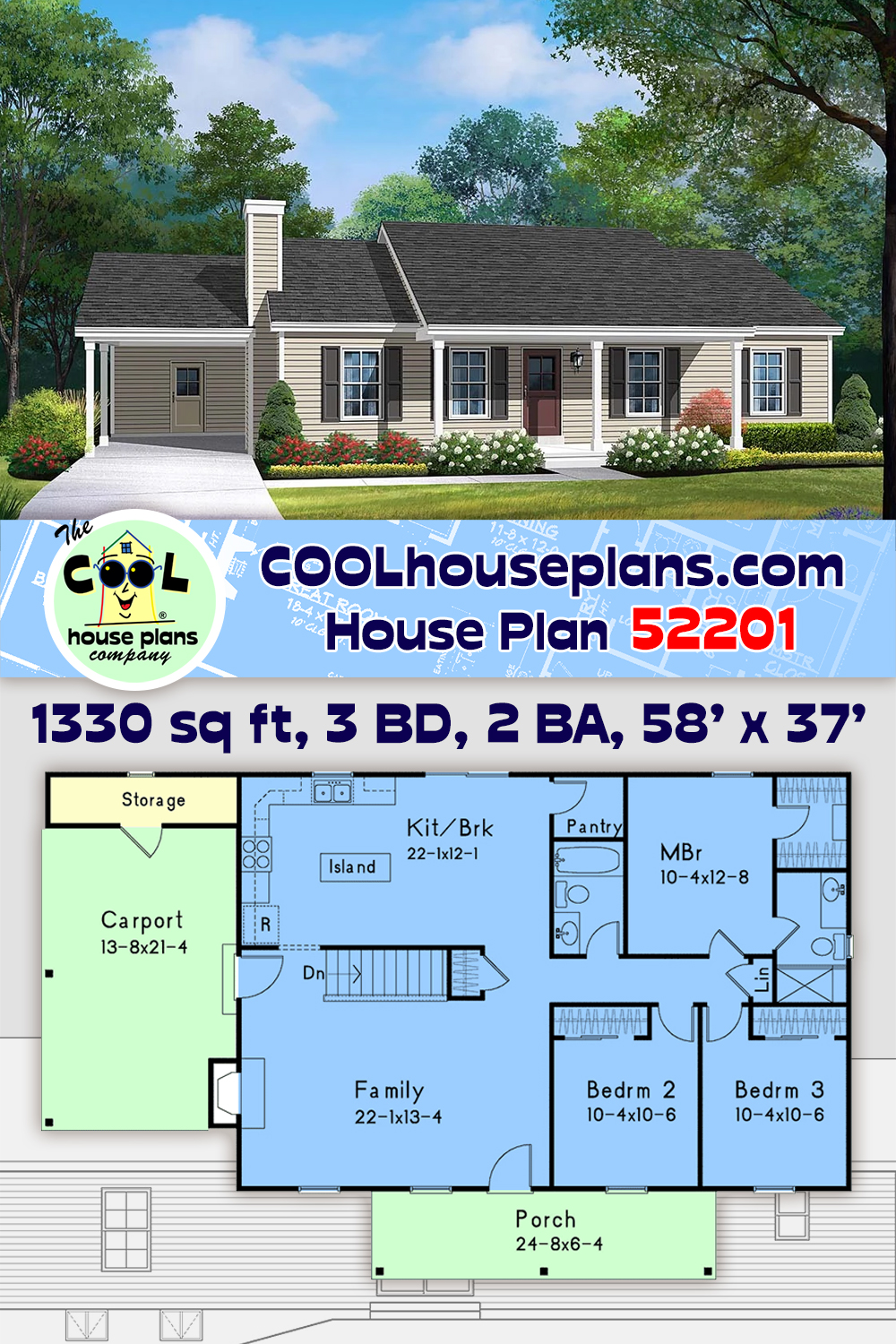 Ranch House Plan 52201 with 3 Beds, 2 Baths, 1 Car Garage