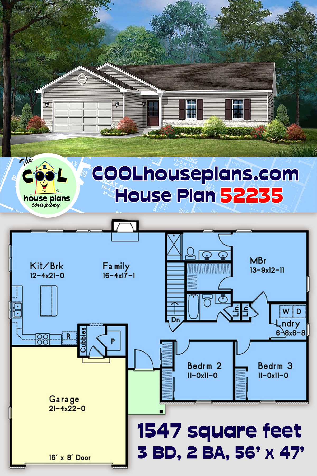 Ranch, Traditional House Plan 52235 with 3 Beds, 2 Baths, 2 Car Garage