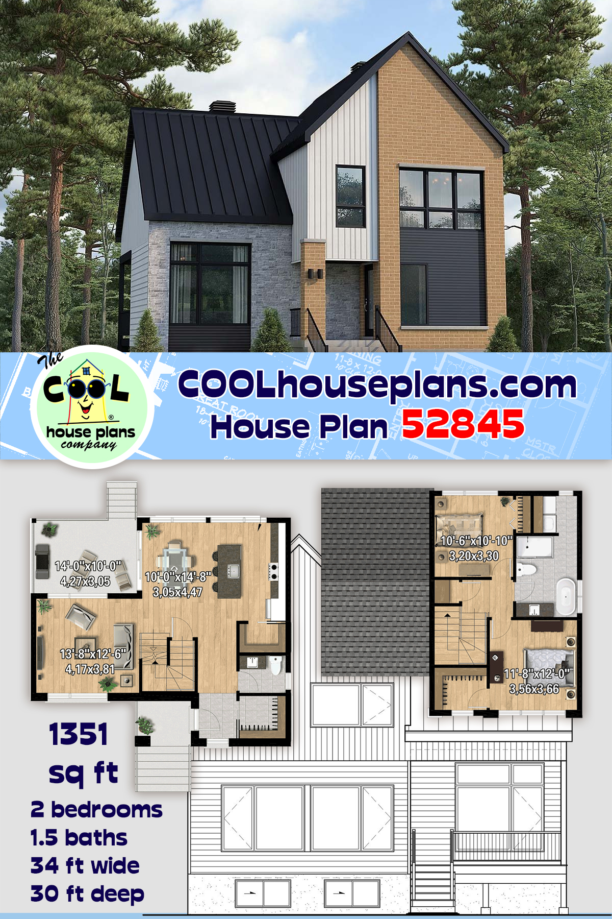 European House Plan 52845 with 2 Beds, 2 Baths