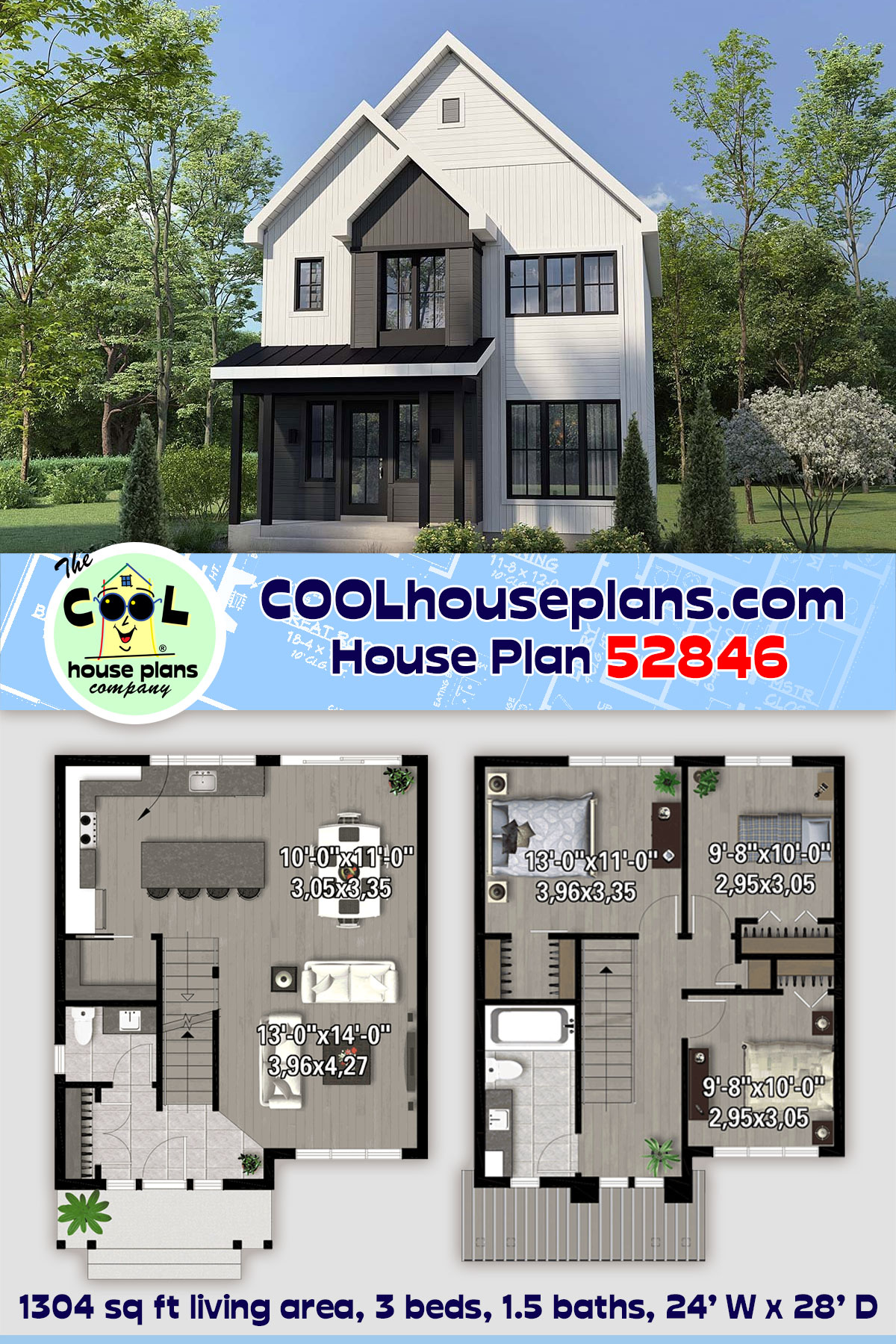 Farmhouse House Plan 52846 with 3 Beds, 2 Baths