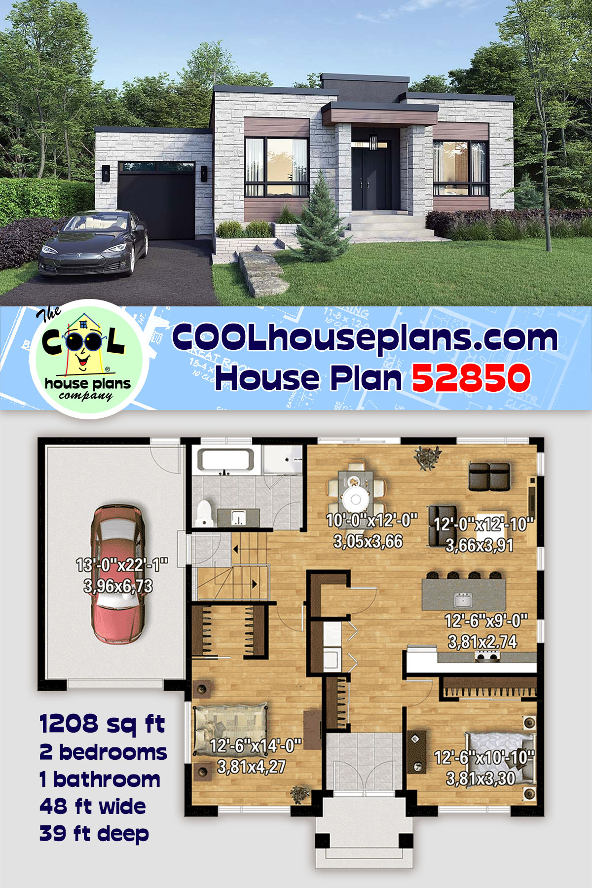 Bungalow, Contemporary House Plan 52850 with 2 Beds, 1 Baths, 1 Car Garage