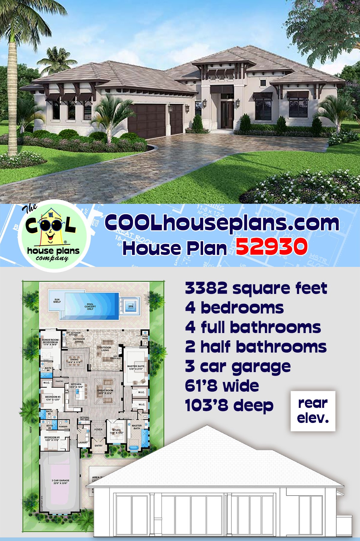 Coastal, Florida, Mediterranean House Plan 52930 with 4 Beds, 6 Baths, 3 Car Garage