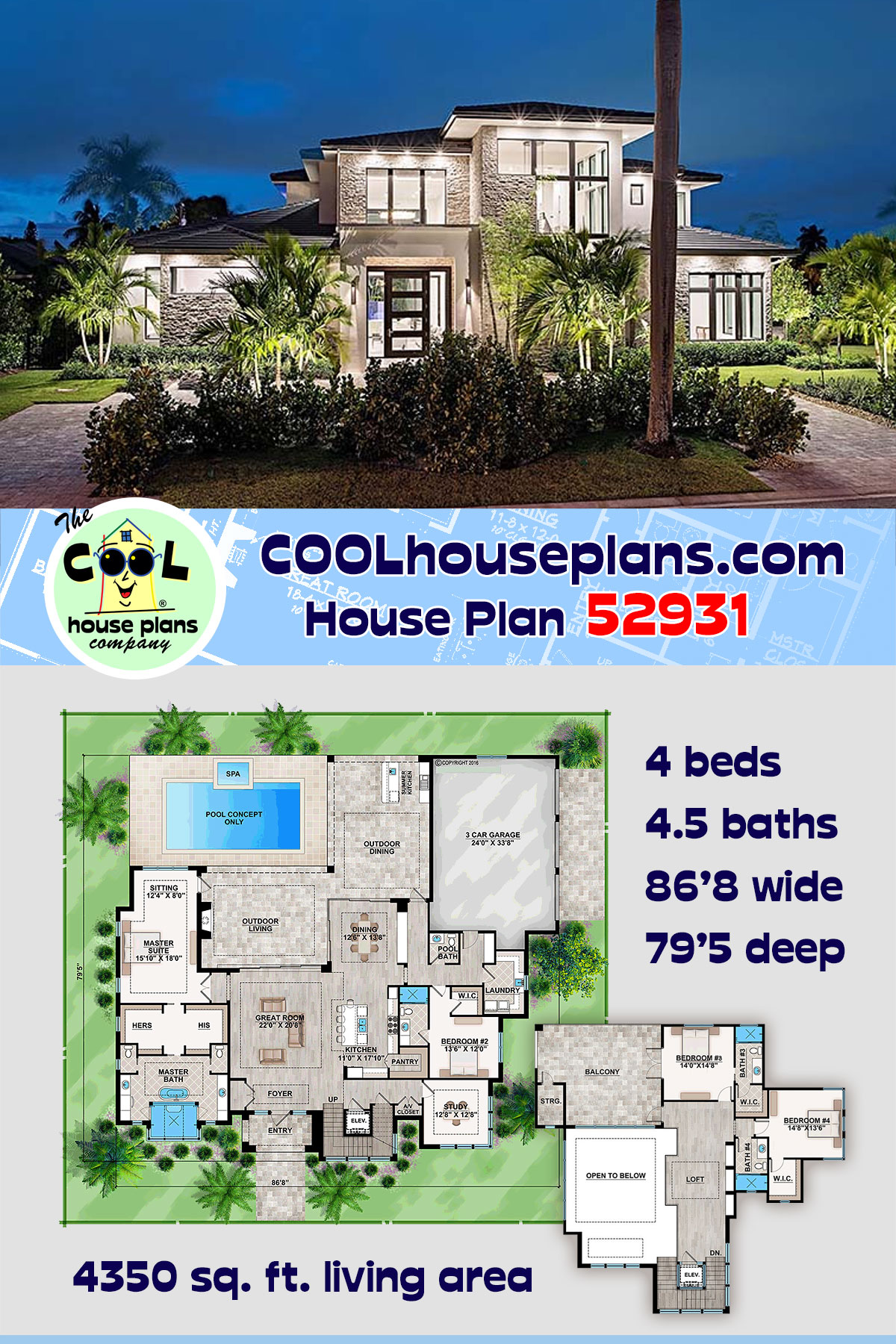 Coastal, Contemporary, Florida, Mediterranean House Plan 52931 with 4 Beds, 5 Baths, 3 Car Garage