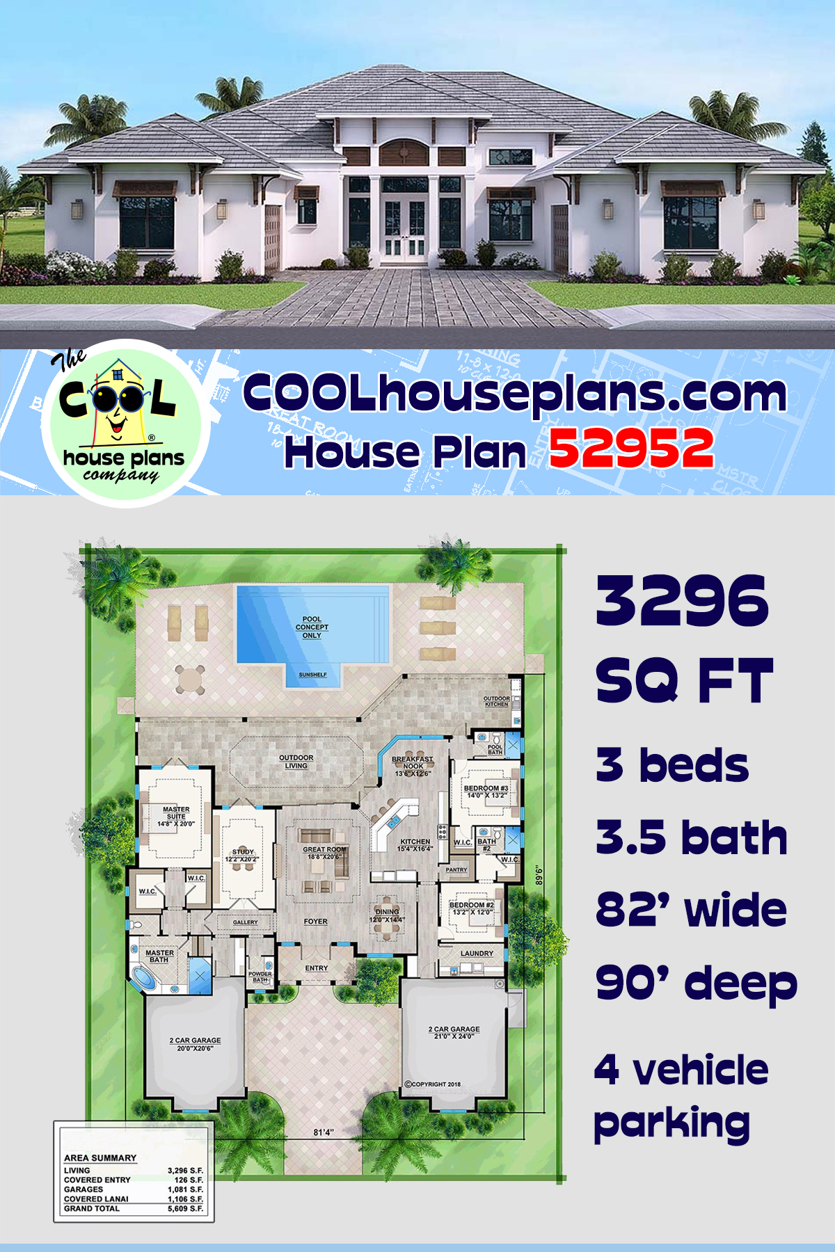 Coastal, Florida, Mediterranean House Plan 52952 with 3 Beds, 4 Baths, 4 Car Garage