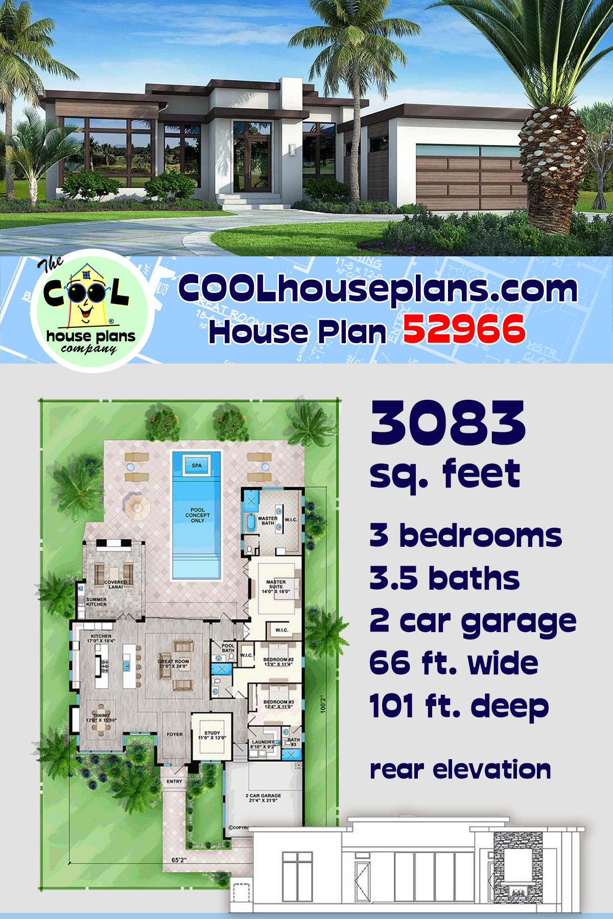 Contemporary, Florida, Modern, Southwest House Plan 52966 with 3 Beds, 4 Baths, 2 Car Garage