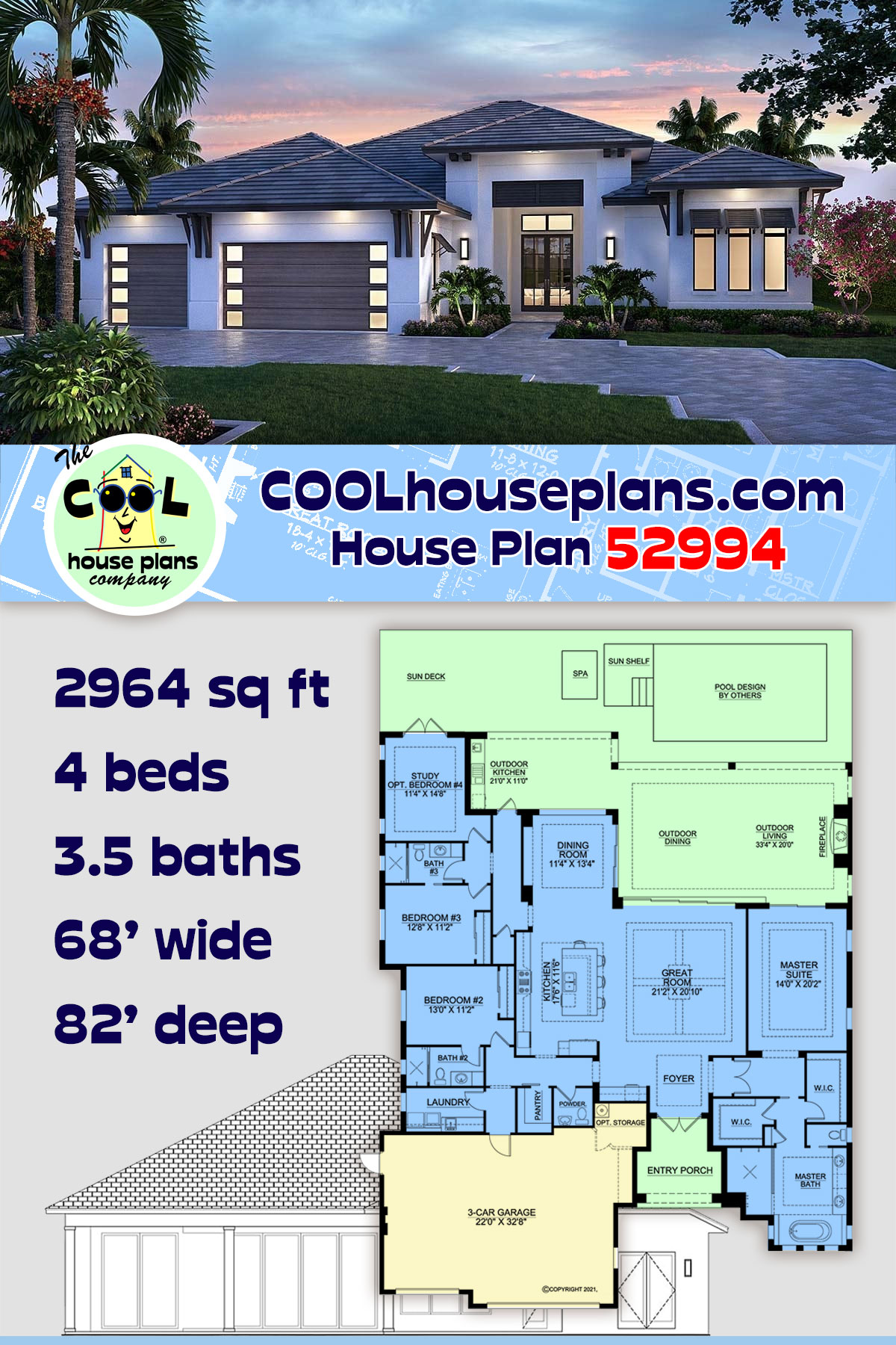 Coastal, Contemporary House Plan 52994 with 4 Beds, 4 Baths, 3 Car Garage