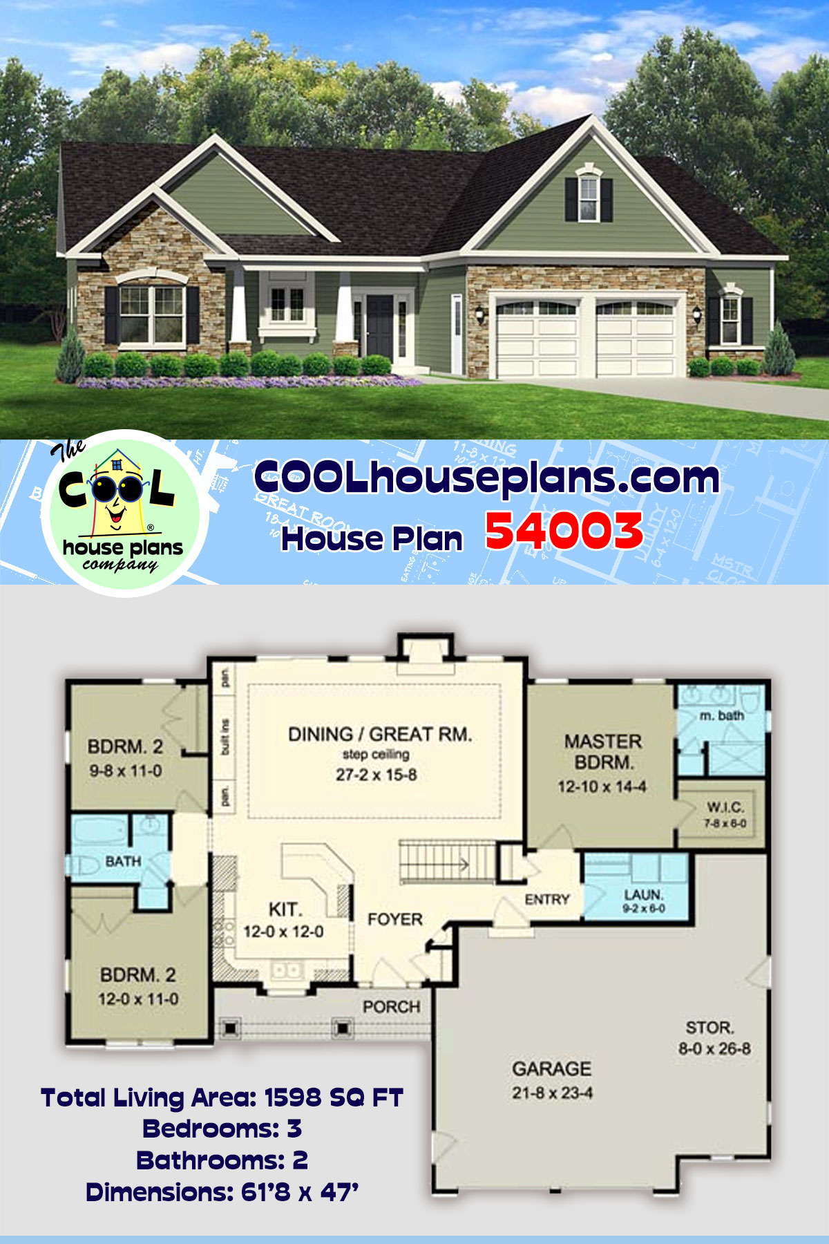 Ranch House Plan 54003 with 3 Beds, 2 Baths, 2 Car Garage
