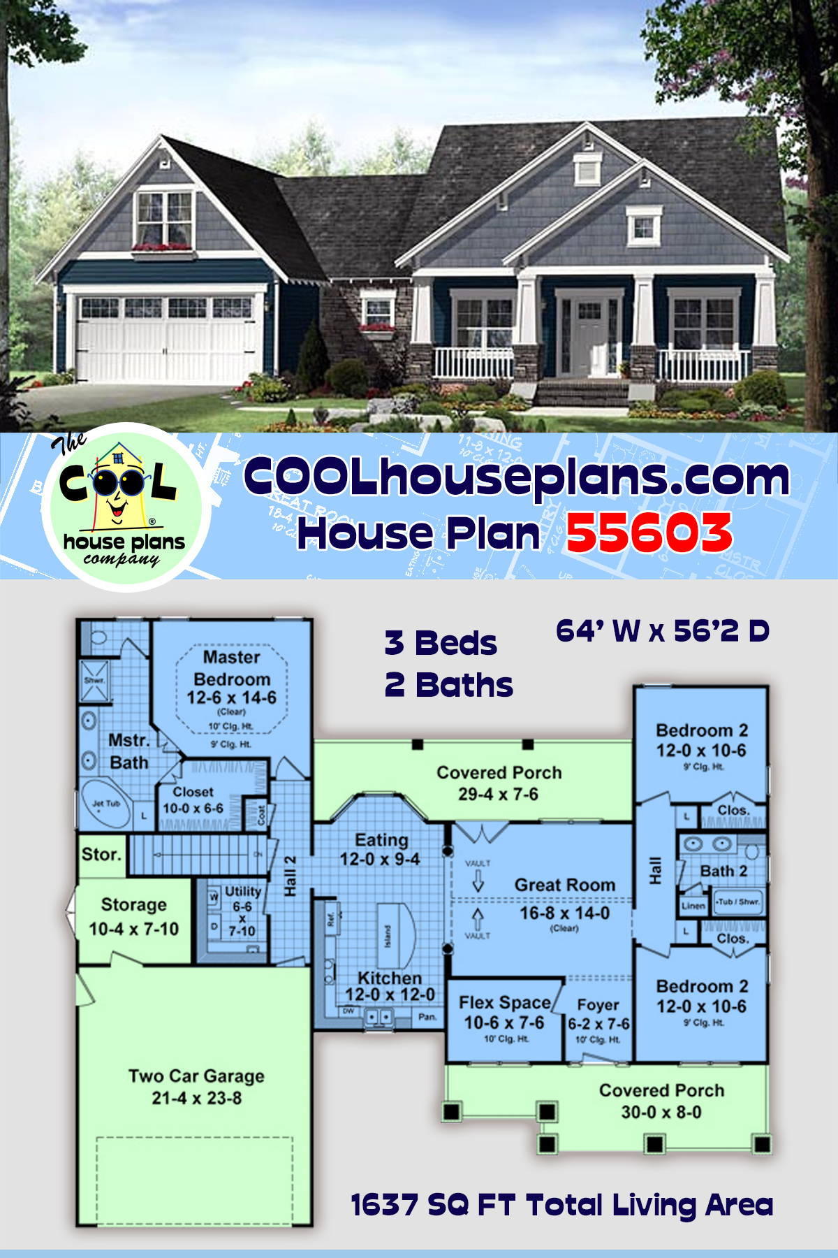 Cottage, Country, Craftsman House Plan 55603 with 3 Beds, 2 Baths, 2 Car Garage