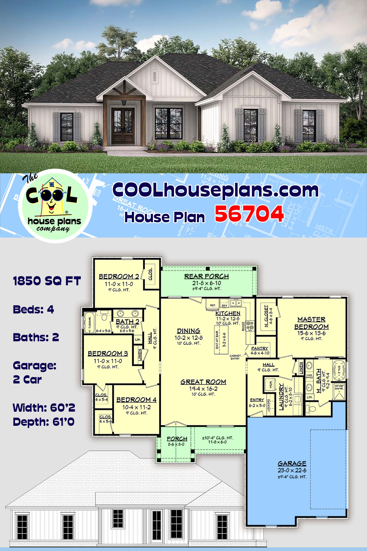 Country, Craftsman, Farmhouse House Plan 56704 with 4 Beds, 2 Baths, 2 Car Garage