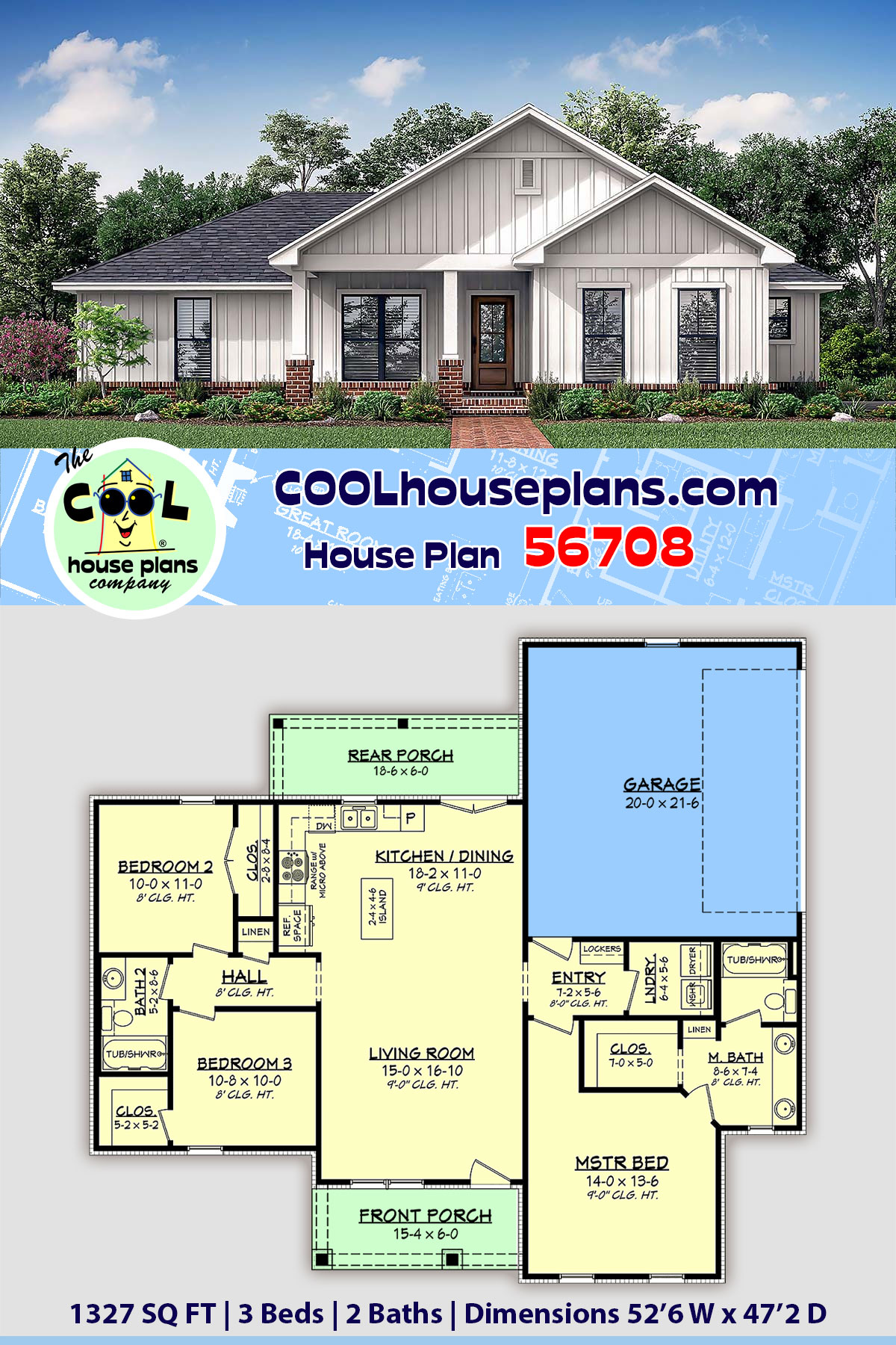 Country, Craftsman, Farmhouse, Traditional House Plan 56708 with 3 Beds, 2 Baths, 2 Car Garage