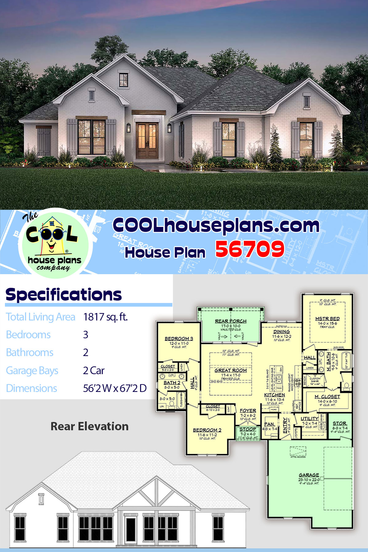 Country, French Country, One-Story, Traditional House Plan 56709 with 3 Beds, 2 Baths, 2 Car Garage