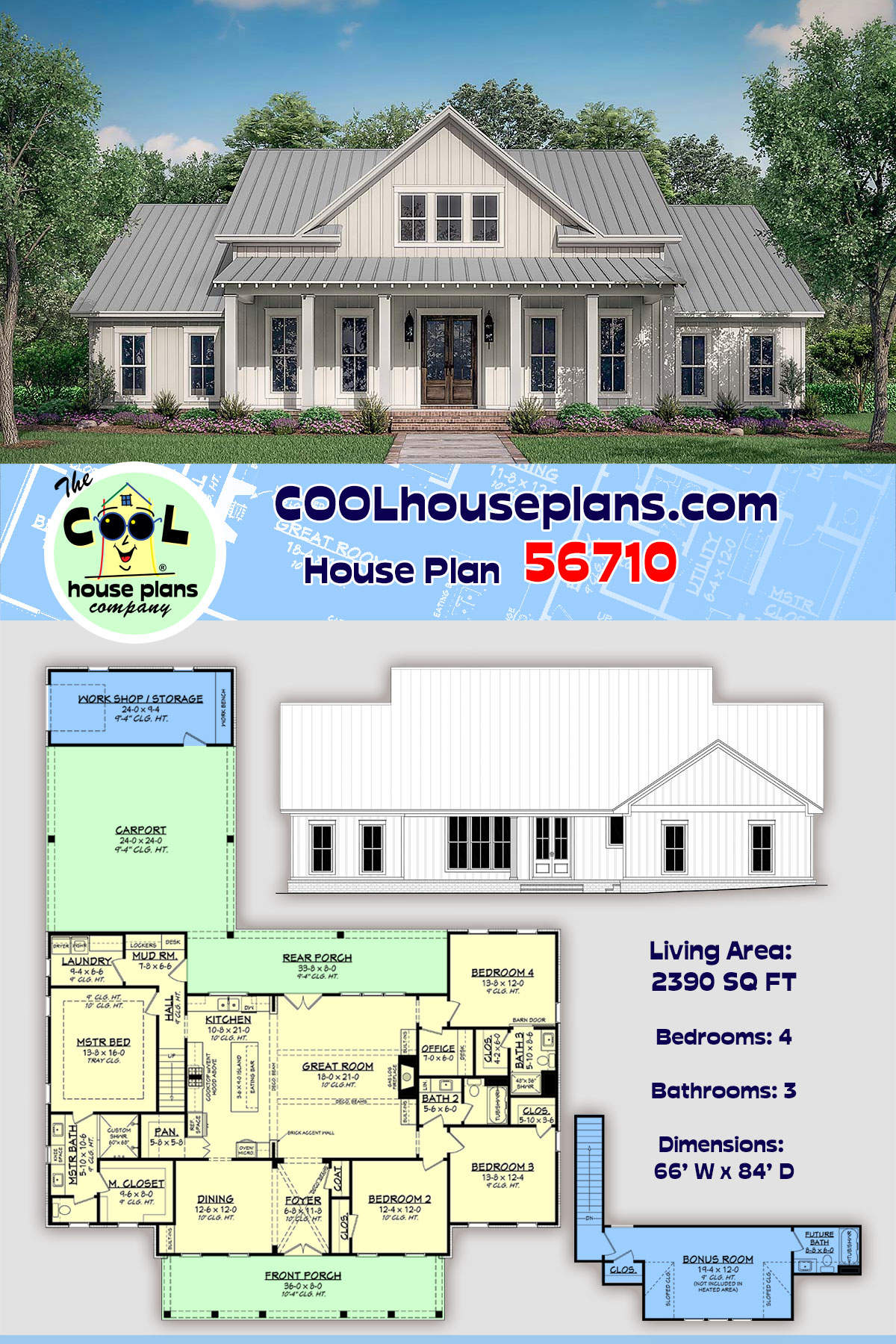 Country, Farmhouse, One-Story, Traditional House Plan 56710 with 4 Beds, 3 Baths, 2 Car Garage