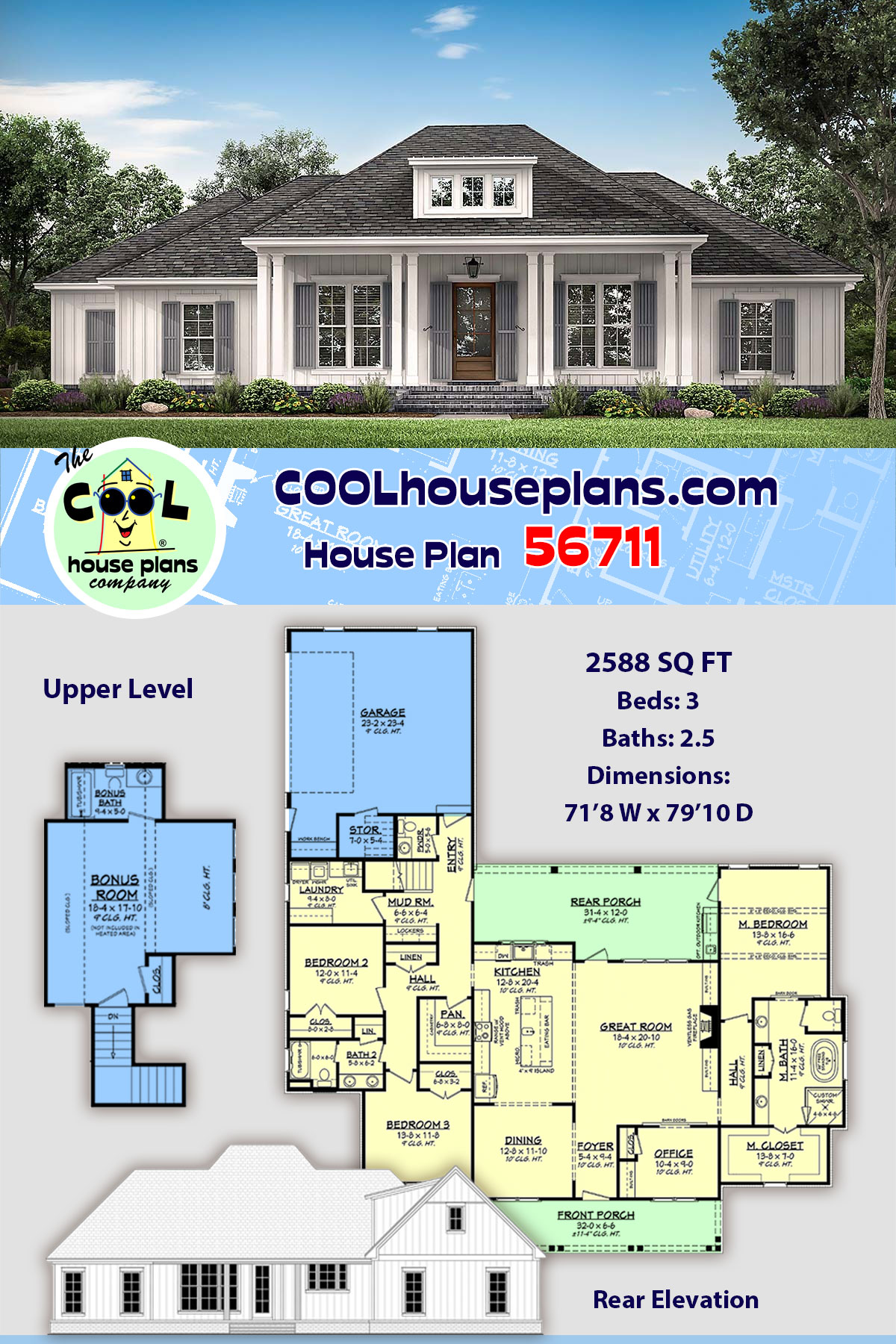 Country, French Country, Southern House Plan 56711 with 3 Beds, 3 Baths, 2 Car Garage
