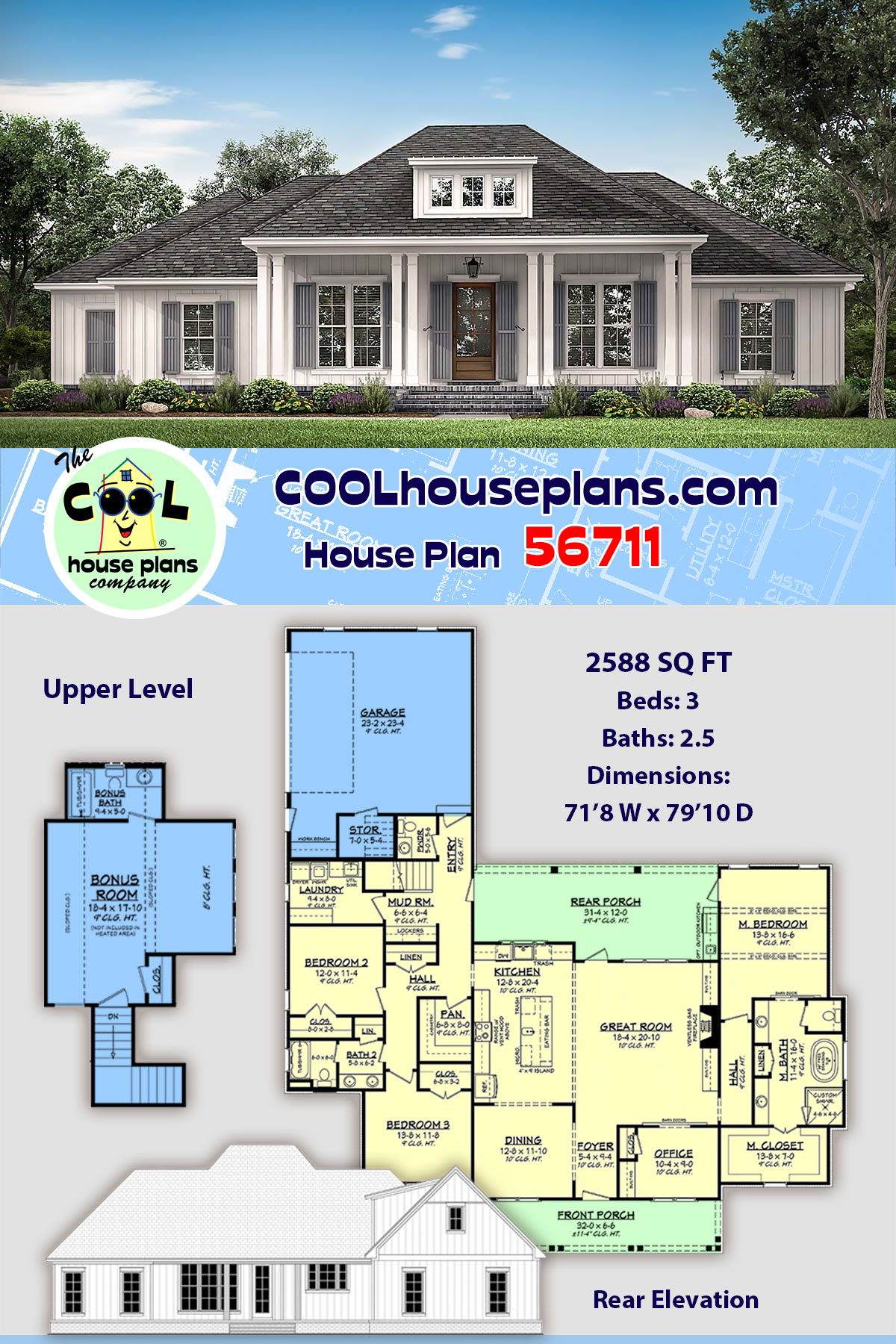 Acadian, Country, French Country, Southern House Plan 56711 with 3 Beds, 3 Baths, 2 Car Garage