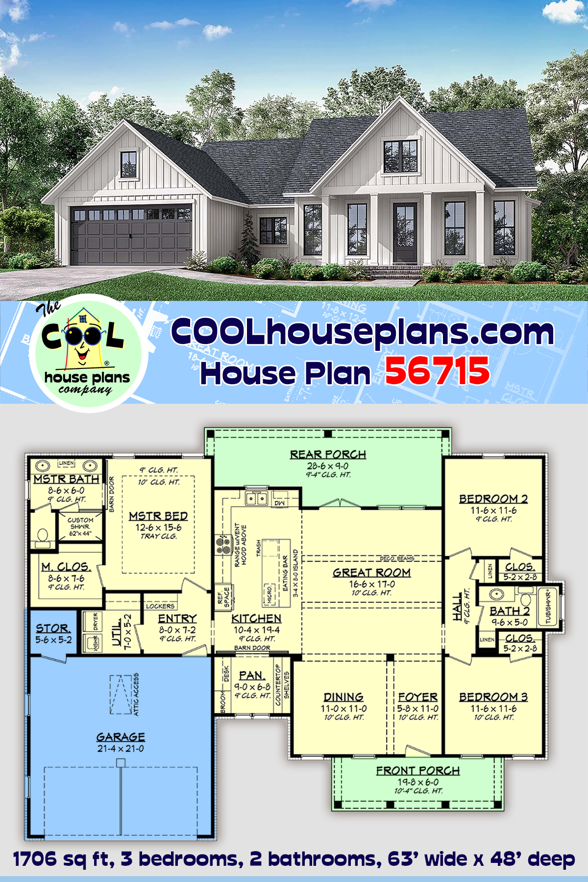 Country, Farmhouse, New American, One-Story, Traditional House Plan 56715 with 3 Beds, 2 Baths, 2 Car Garage