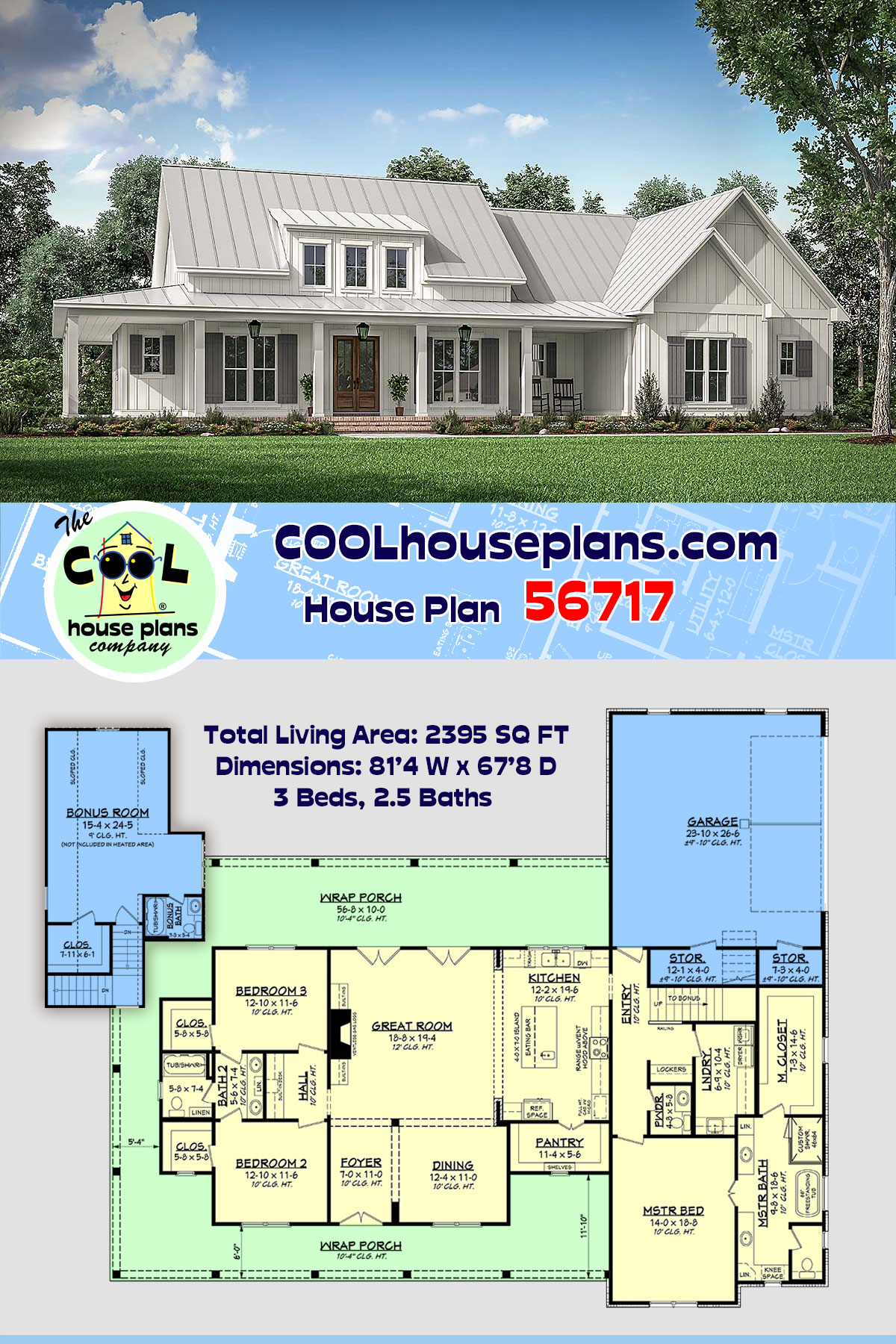 Country, Craftsman, Farmhouse House Plan 56717 with 3 Beds, 3 Baths, 2 Car Garage