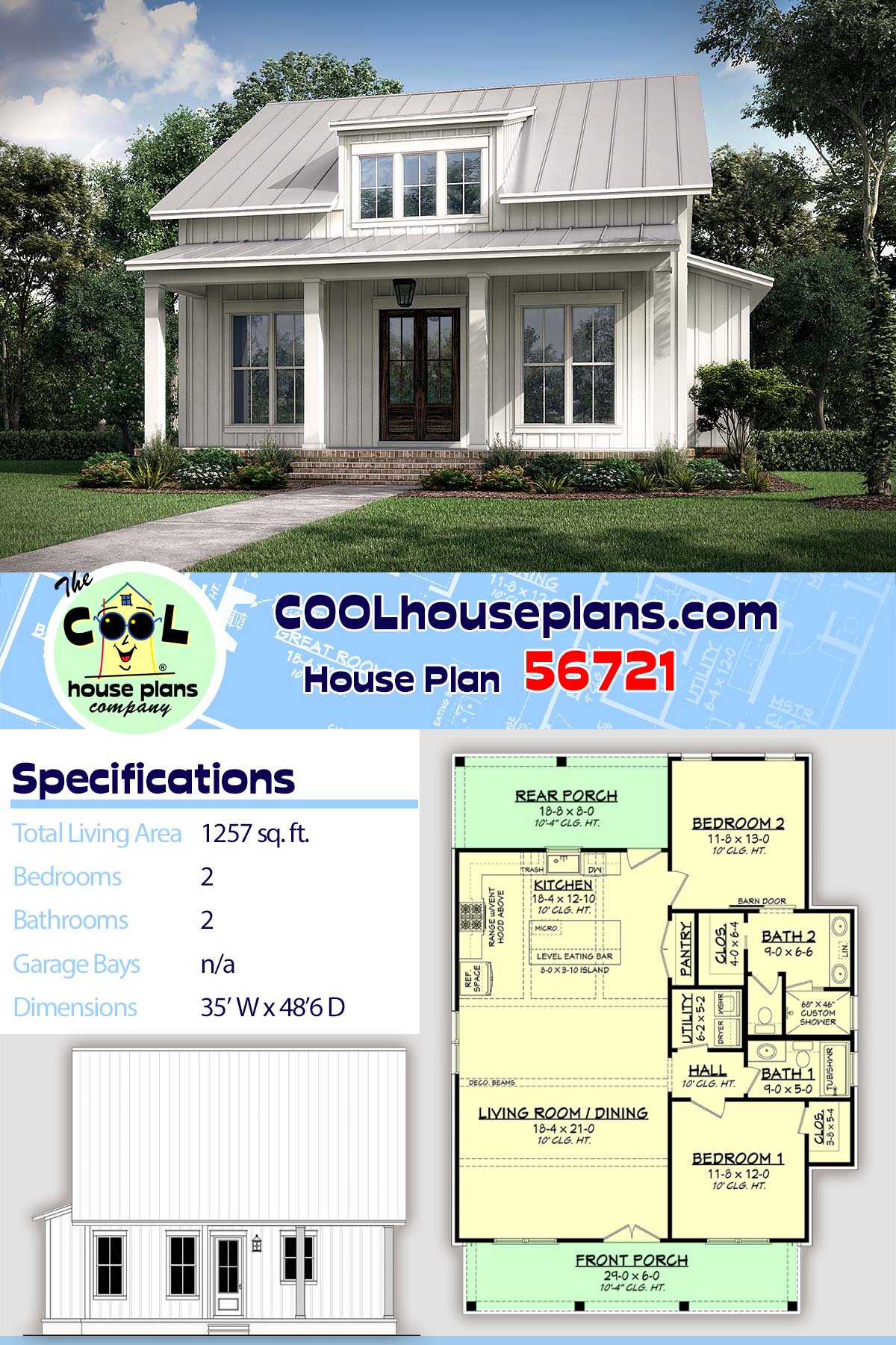 Cottage, Country, Farmhouse House Plan 56721 with 2 Beds, 2 Baths
