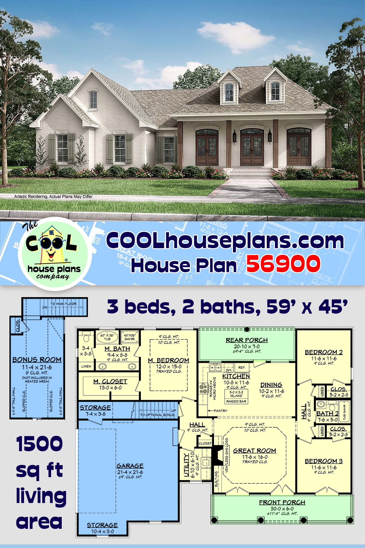 Colonial, French Country, Southern House Plan 56900 with 3 Beds, 2 Baths, 2 Car Garage