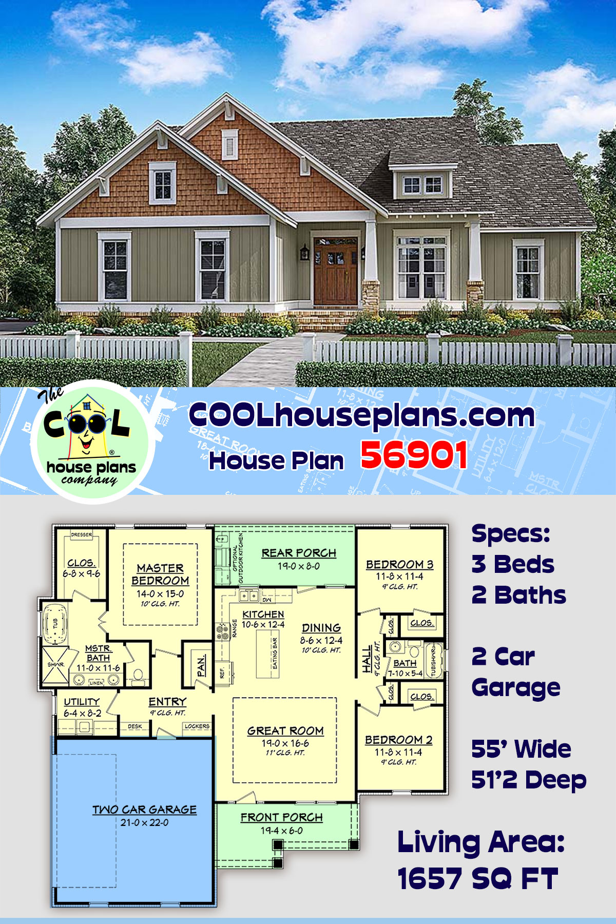 Cottage, Country, Craftsman, Traditional House Plan 56901 with 3 Beds, 2 Baths, 2 Car Garage