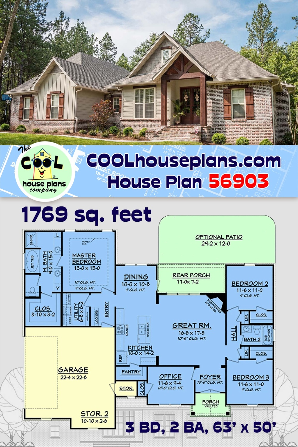 Country, Craftsman, Traditional House Plan 56903 with 3 Beds, 2 Baths, 2 Car Garage