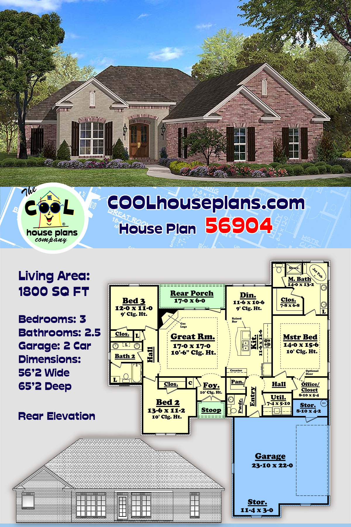 Country, French Country House Plan 56904 with 3 Beds, 3 Baths, 2 Car Garage