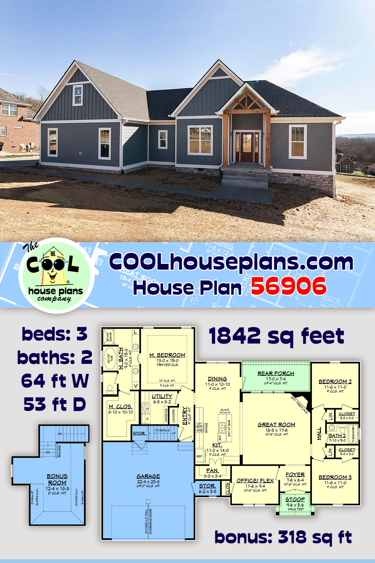 French Country, New American, Traditional House Plan 56906 with 3 Beds, 2 Baths, 2 Car Garage