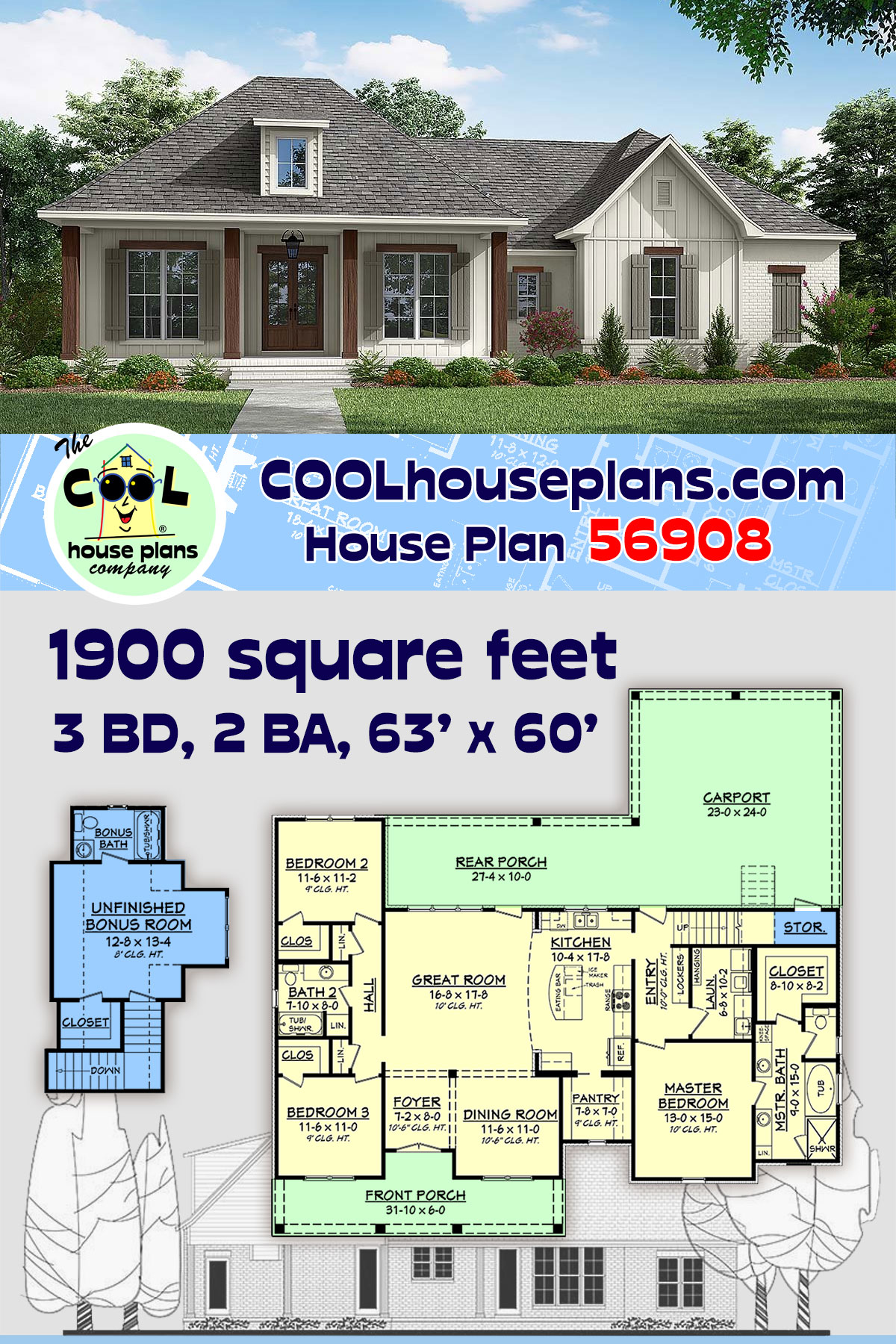 Country, European, French Country, Southern House Plan 56908 with 3 Beds, 2 Baths, 2 Car Garage