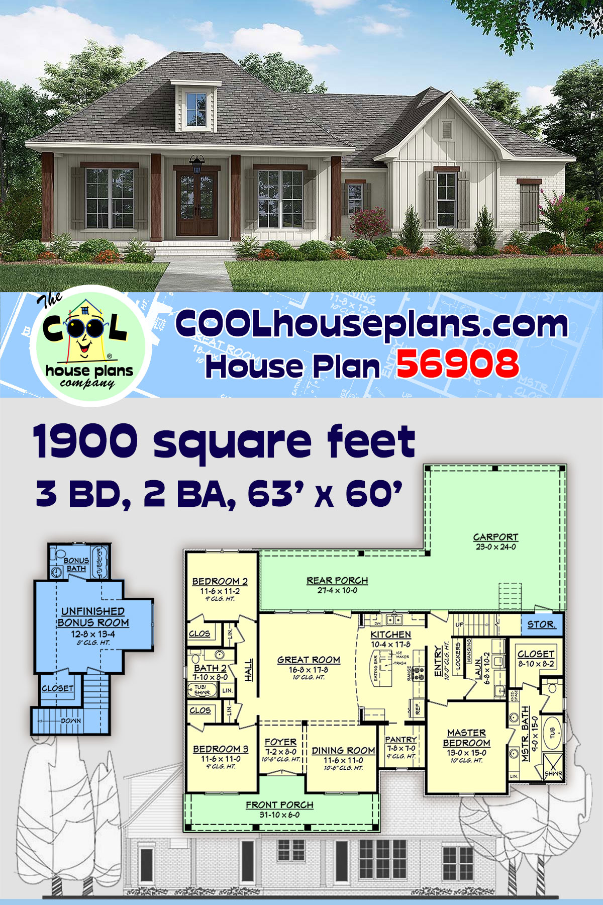 Acadian, Country, European, French Country, Southern House Plan 56908 with 3 Beds, 2 Baths, 2 Car Garage