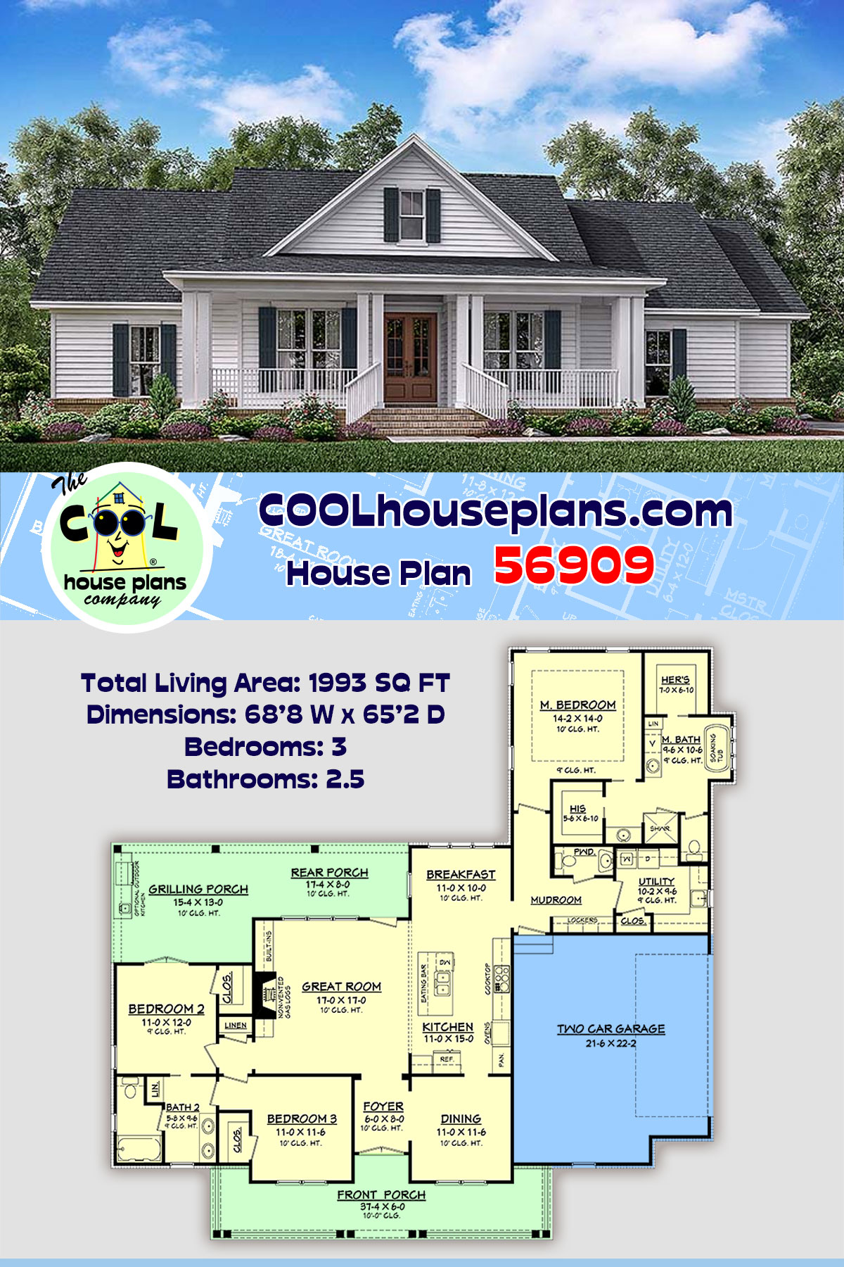 Country, Ranch, Southern, Traditional House Plan 56909 with 3 Beds, 3 Baths, 2 Car Garage