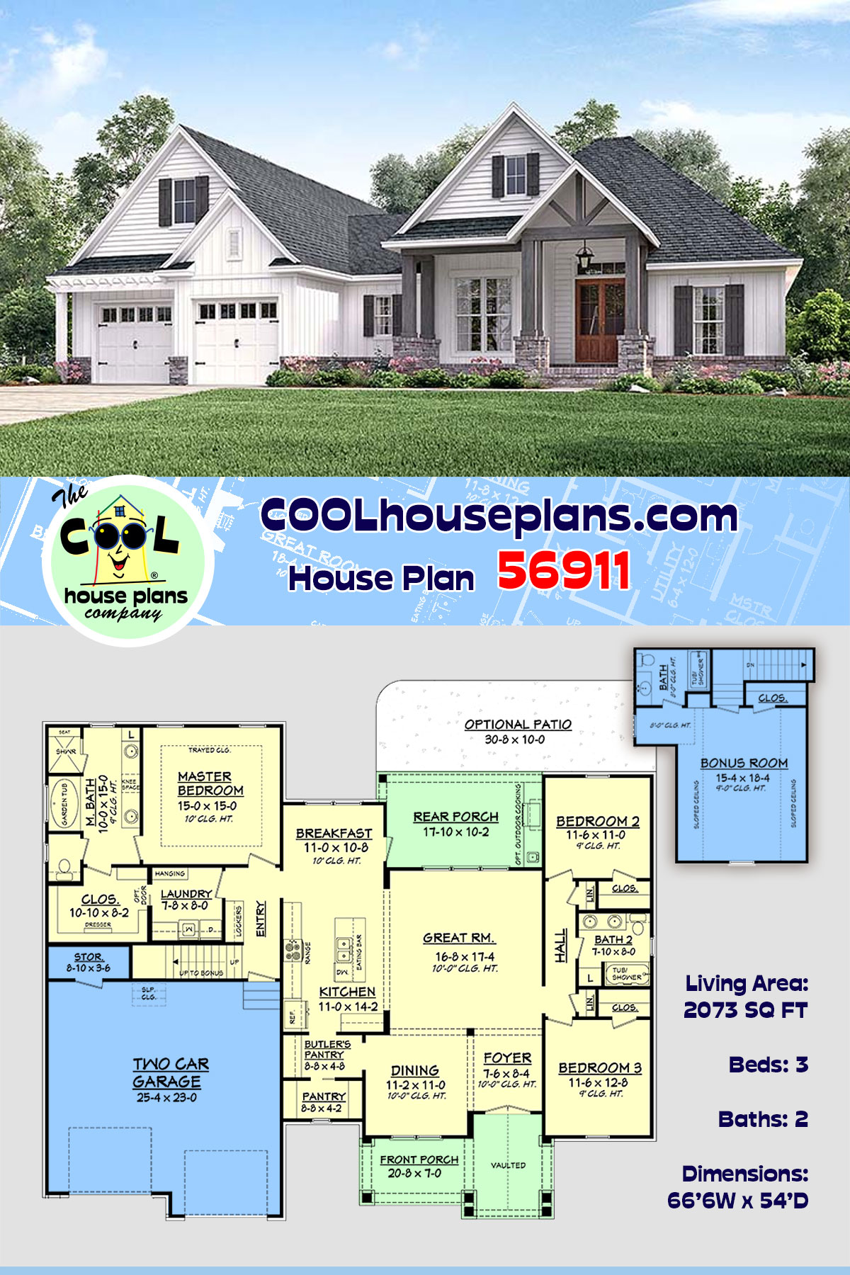 Country, Craftsman, Southern, Traditional House Plan 56911 with 3 Beds, 2 Baths, 2 Car Garage
