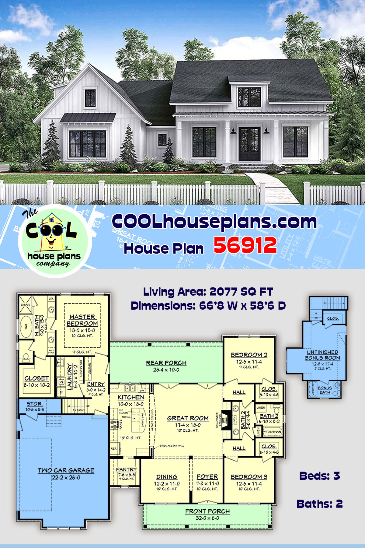 Acadian, Country, Craftsman, Farmhouse House Plan 56912 with 3 Beds, 2 Baths, 2 Car Garage