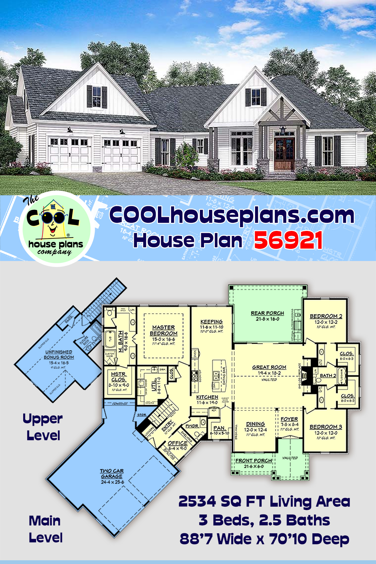 Country, Craftsman, Farmhouse, Traditional House Plan 56921 with 3 Beds, 3 Baths, 2 Car Garage