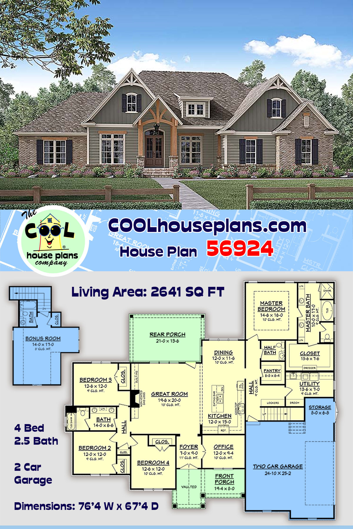 Country, Craftsman, Traditional House Plan 56924 with 4 Beds, 3 Baths, 2 Car Garage