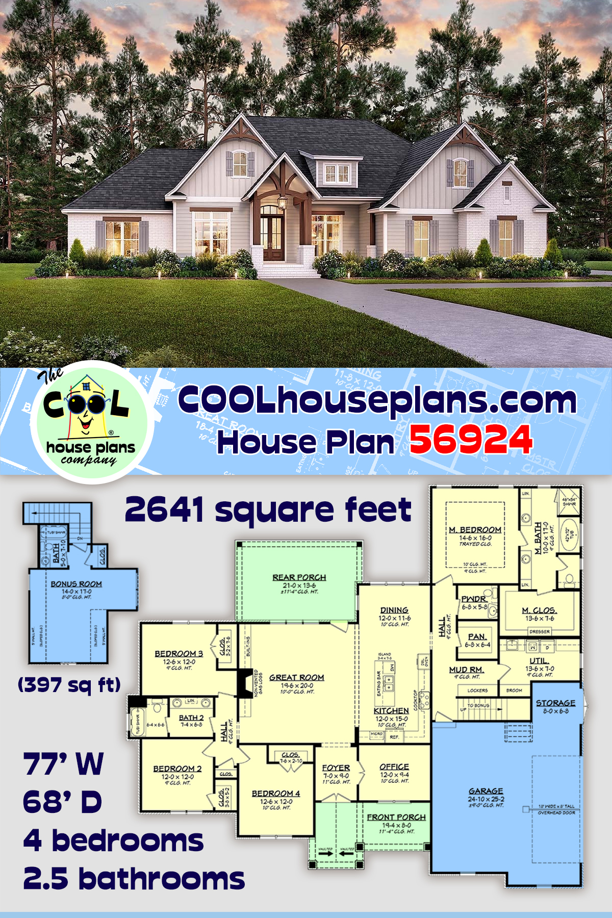 Country, Craftsman, Traditional House Plan 56924 with 4 Beds, 3 Baths, 2 Car Garage