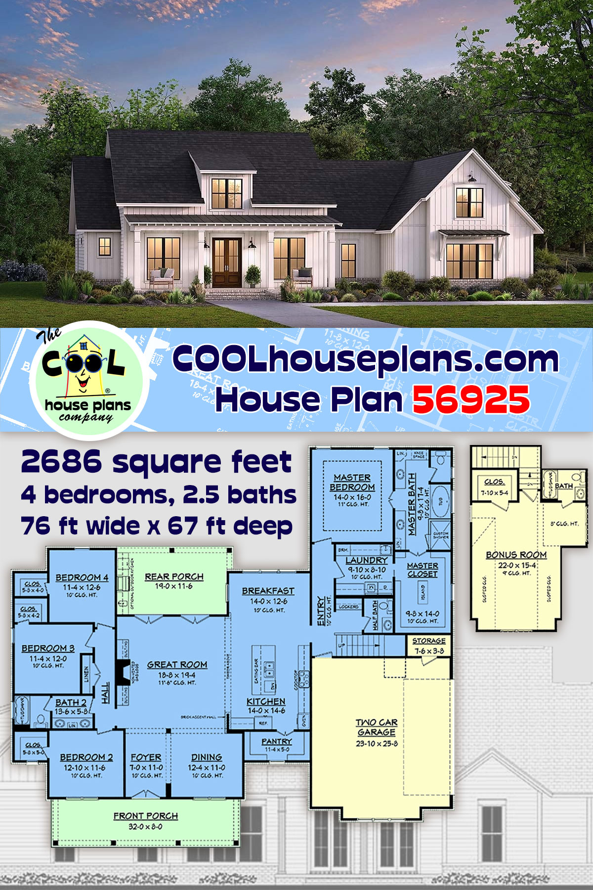 Country, Farmhouse, Southern House Plan 56925 with 4 Beds, 3 Baths, 2 Car Garage