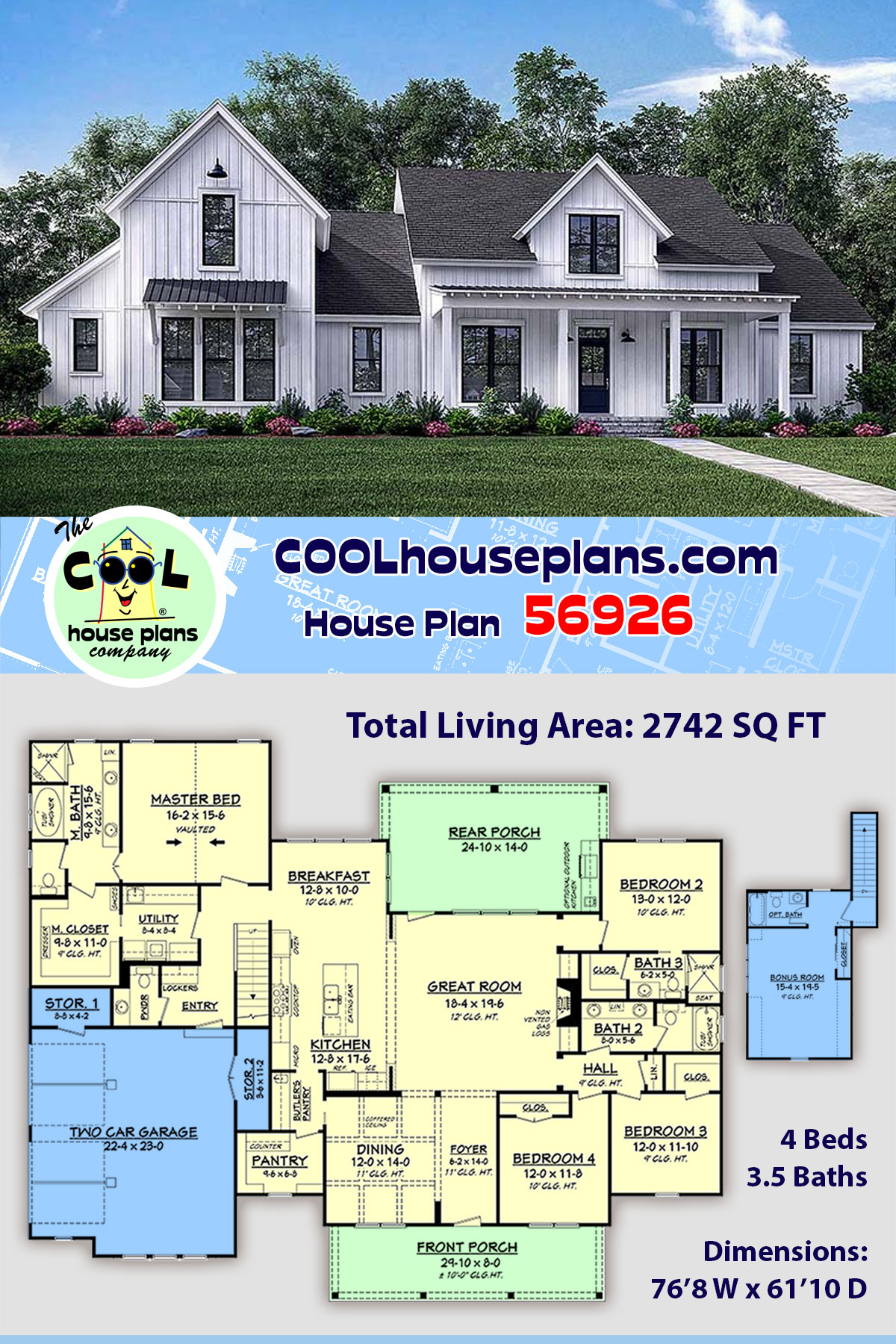 Cottage, Country, Farmhouse, Southern House Plan 56926 with 4 Beds, 4 Baths, 2 Car Garage