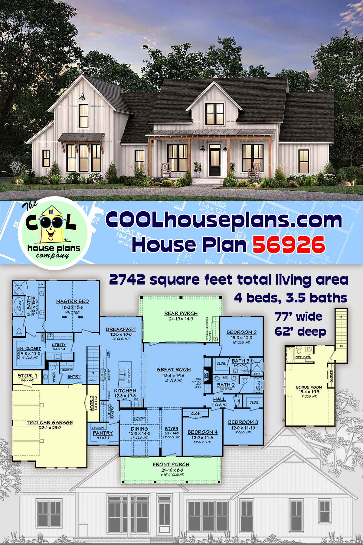 Cottage, Country, Farmhouse, Southern House Plan 56926 with 4 Beds, 4 Baths, 2 Car Garage