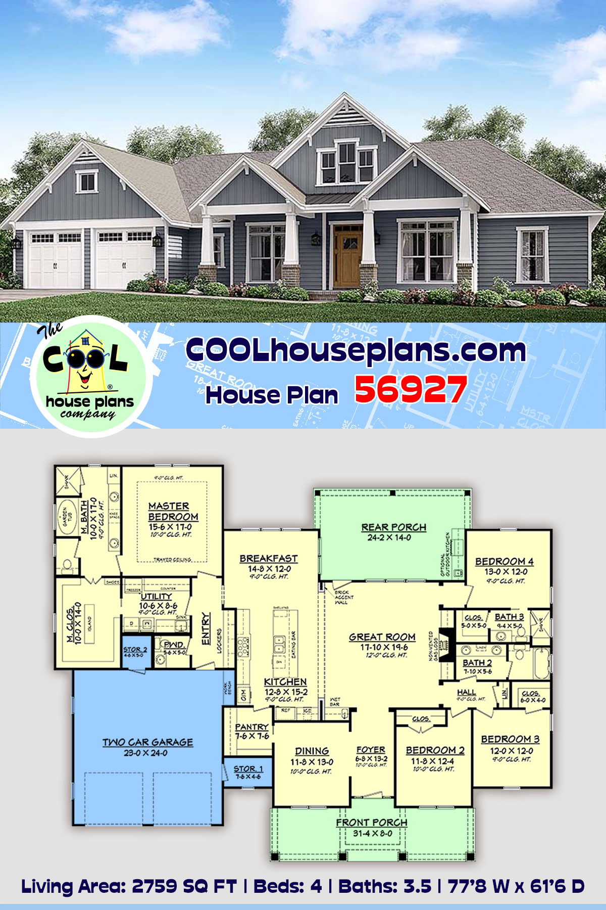 Country, Craftsman, Traditional House Plan 56927 with 4 Beds, 4 Baths, 2 Car Garage