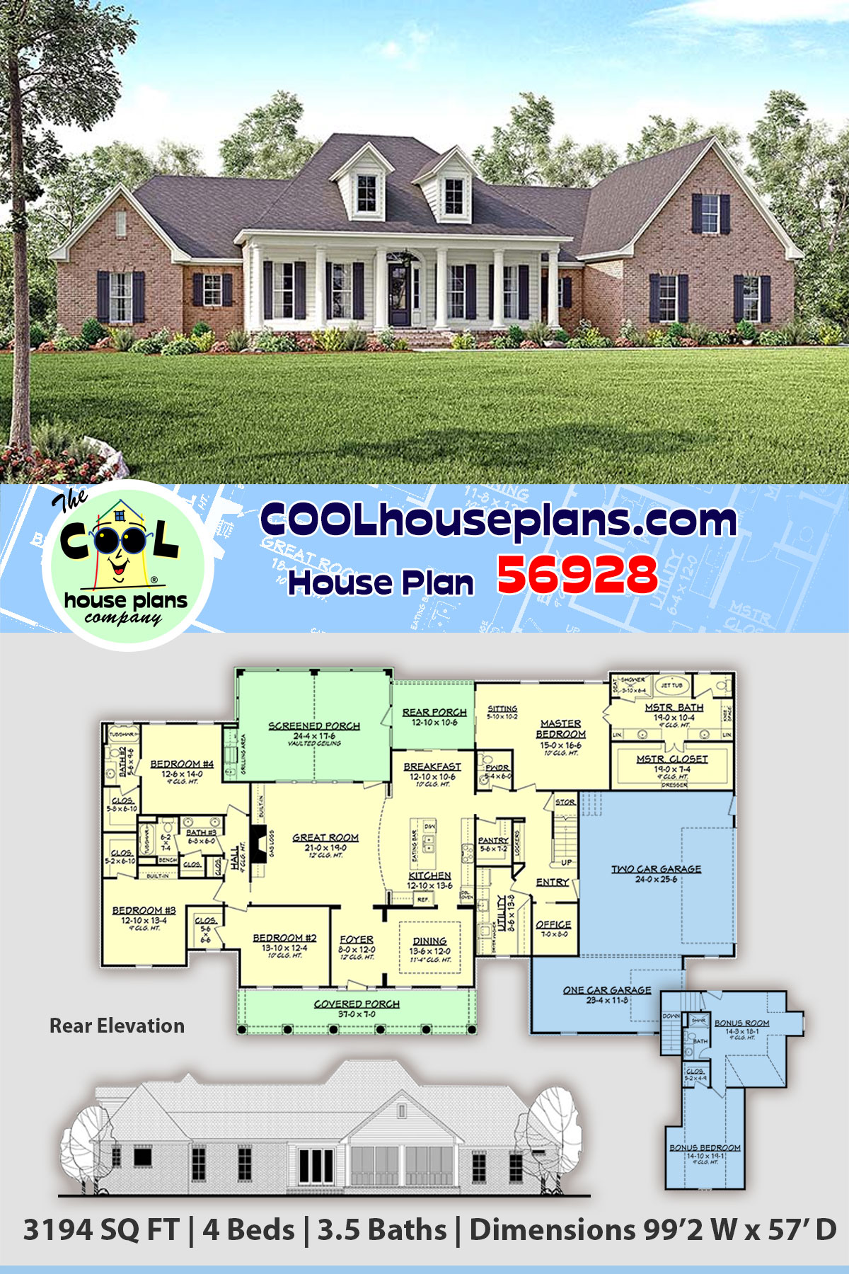 Colonial, Country, Southern, Traditional House Plan 56928 with 4 Beds, 4 Baths, 3 Car Garage