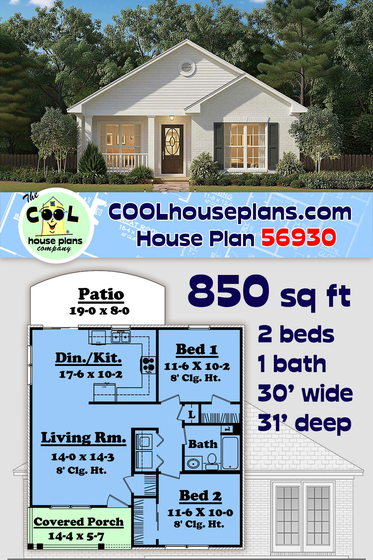 Country, Ranch, Traditional House Plan 56930 with 2 Beds, 1 Baths