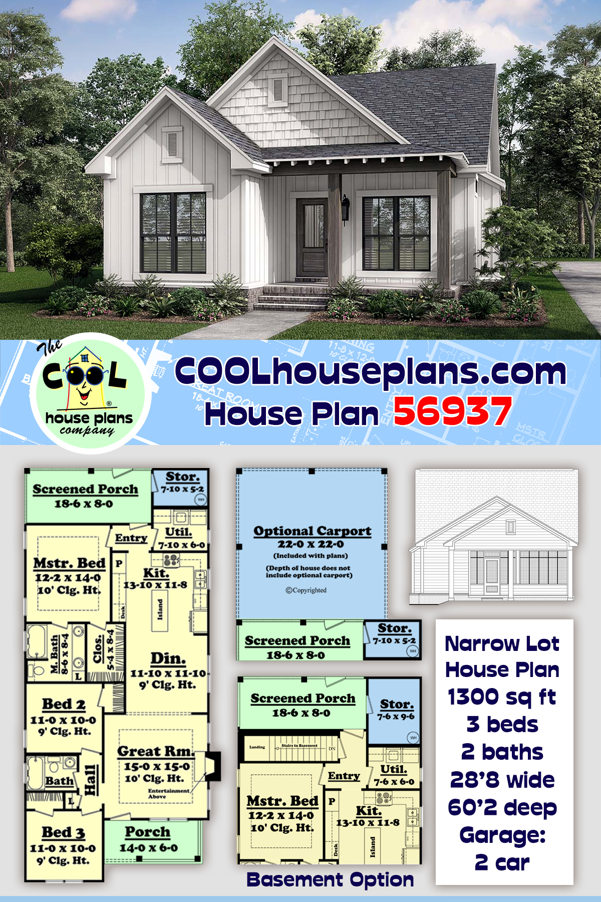 Cottage, Country, Southern, Traditional House Plan 56937 with 3 Beds, 2 Baths, 2 Car Garage