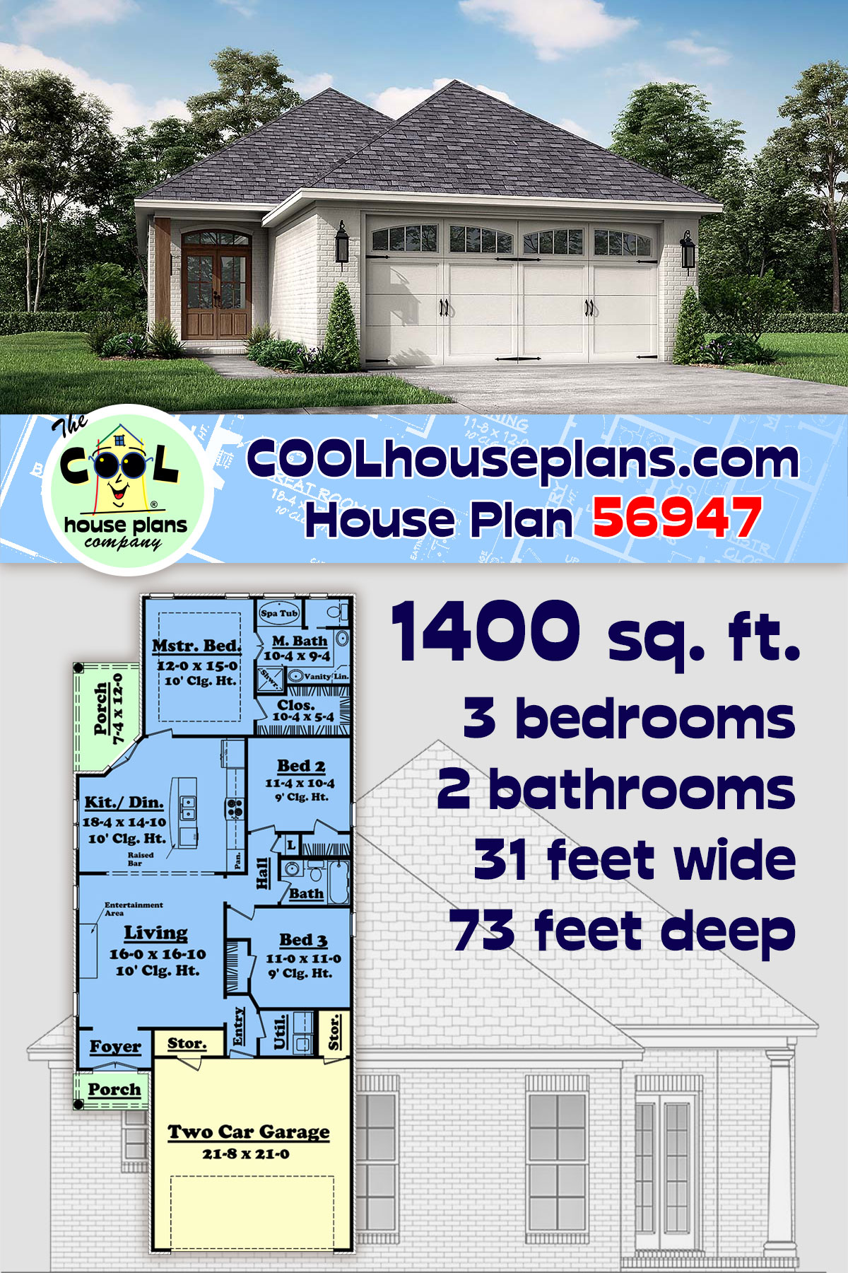 European, French Country House Plan 56947 with 3 Beds, 2 Baths, 2 Car Garage