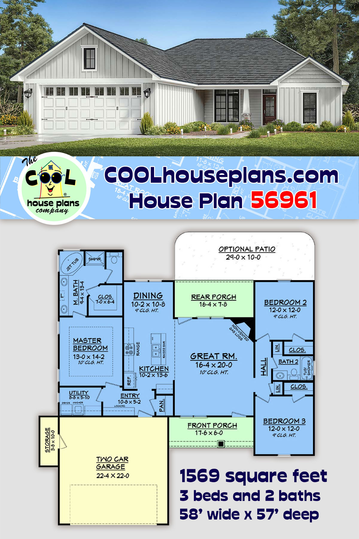 Craftsman, Ranch House Plan 56961 with 3 Beds, 2 Baths, 2 Car Garage