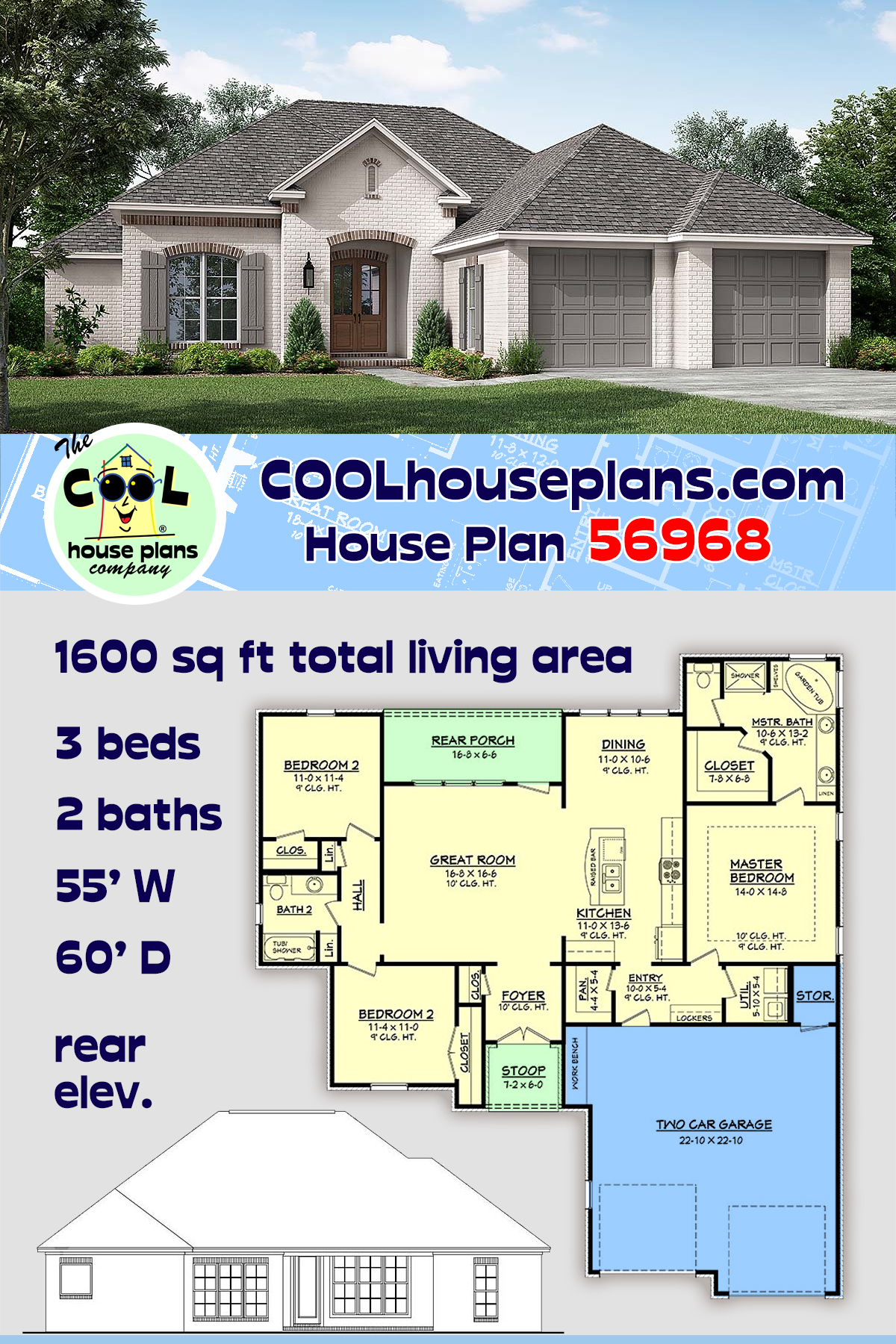 Country, European, French Country House Plan 56968 with 3 Beds, 2 Baths, 2 Car Garage