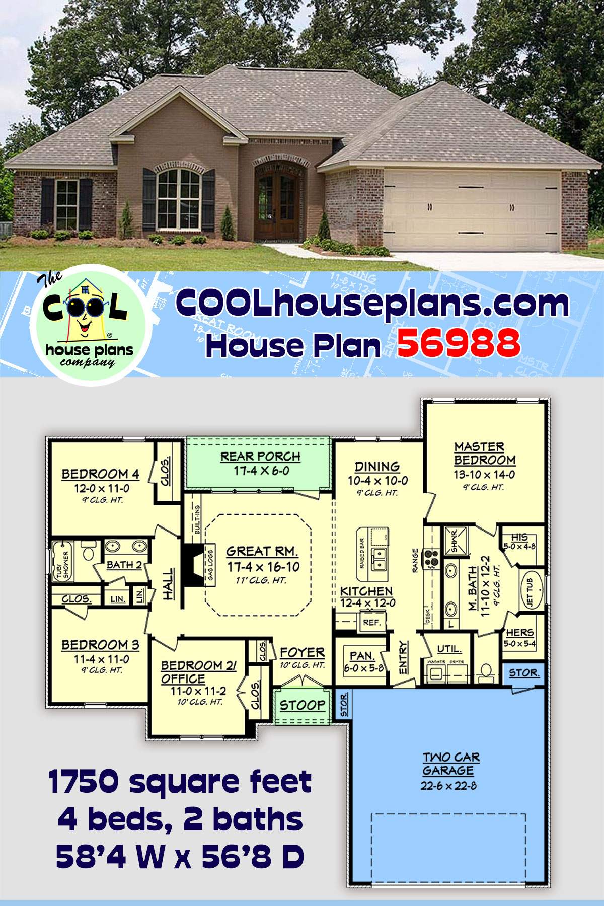 Country, French Country House Plan 56988 with 4 Beds, 2 Baths, 2 Car Garage