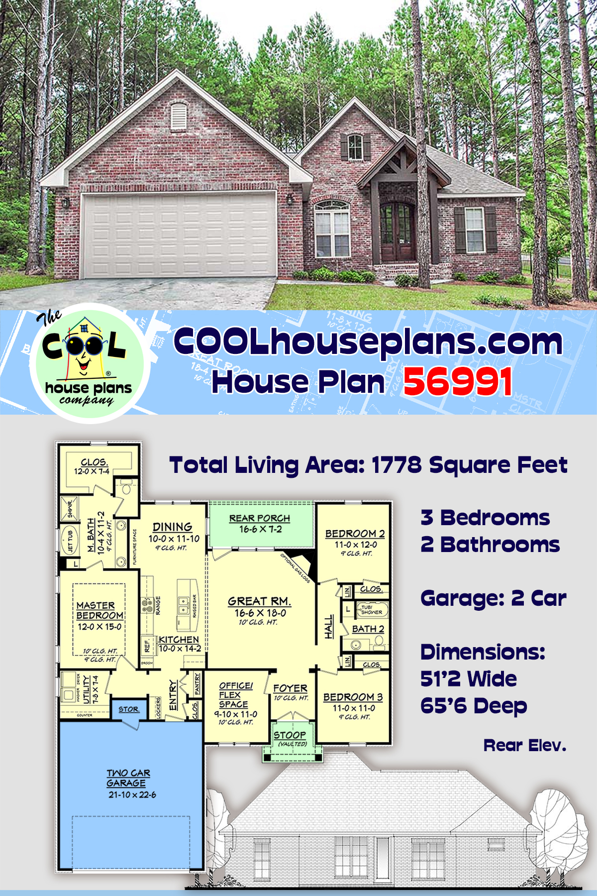 Country, French Country, Traditional House Plan 56991 with 3 Beds, 2 Baths, 2 Car Garage