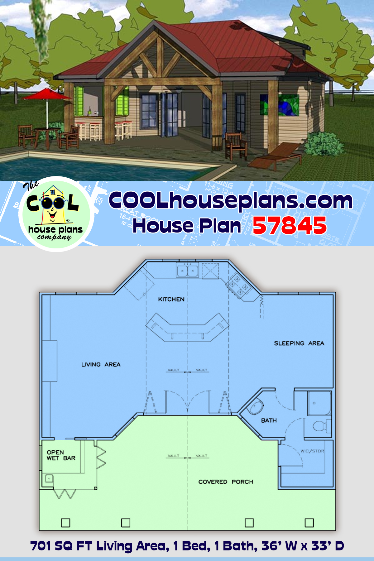 Coastal, Cottage, Southern House Plan 57845 with 1 Beds, 1 Baths