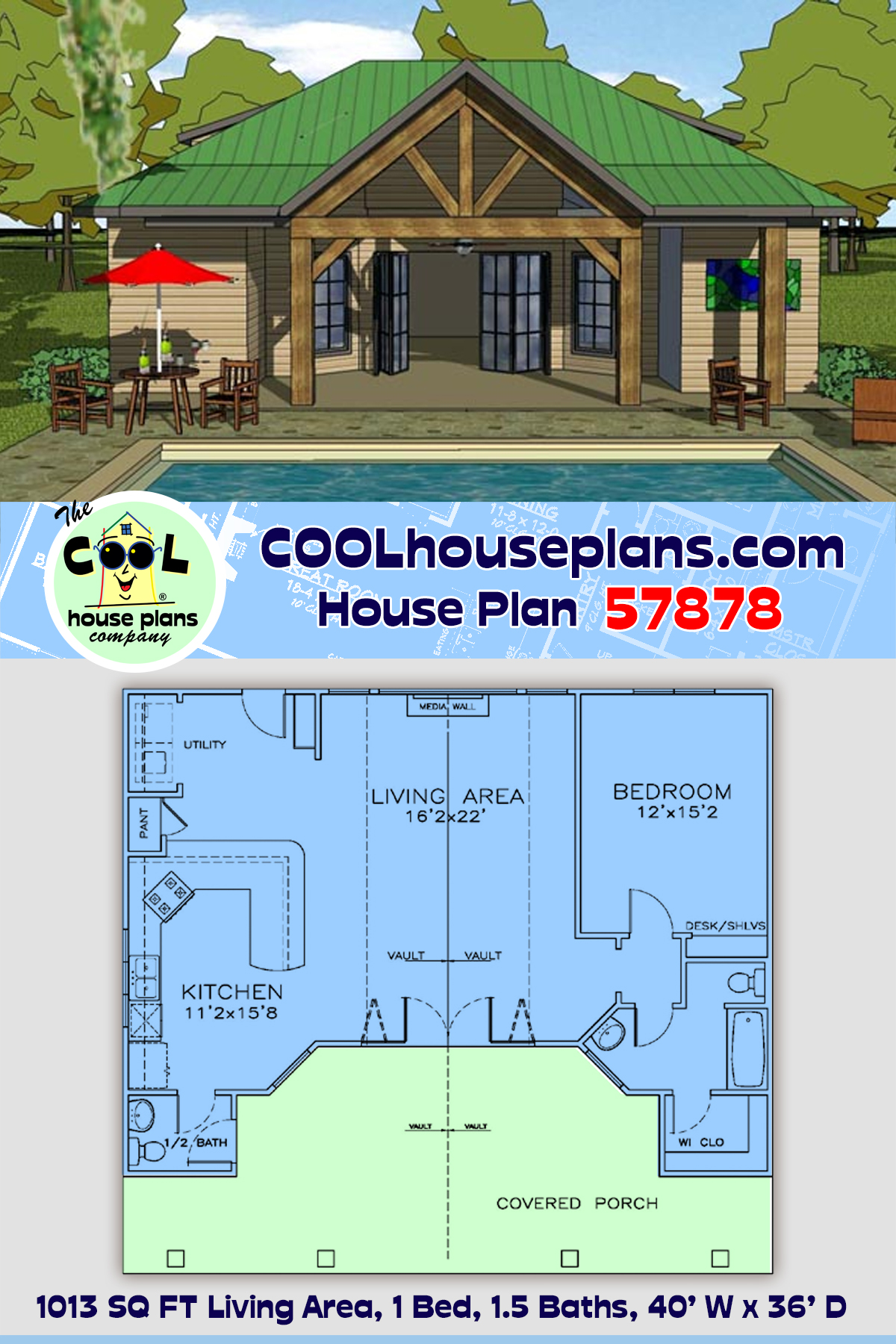 Cottage, Craftsman House Plan 57878 with 1 Beds, 2 Baths