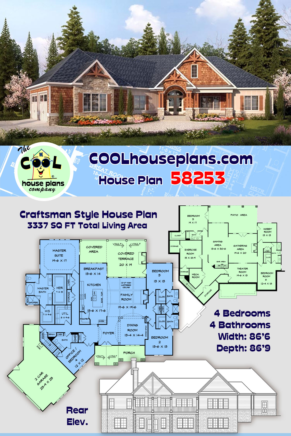 Craftsman House Plan 58253 with 4 Beds, 4 Baths, 2 Car Garage