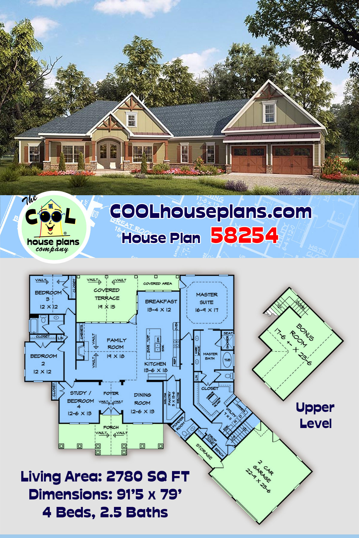 Craftsman House Plan 58254 with 4 Beds, 3 Baths, 2 Car Garage